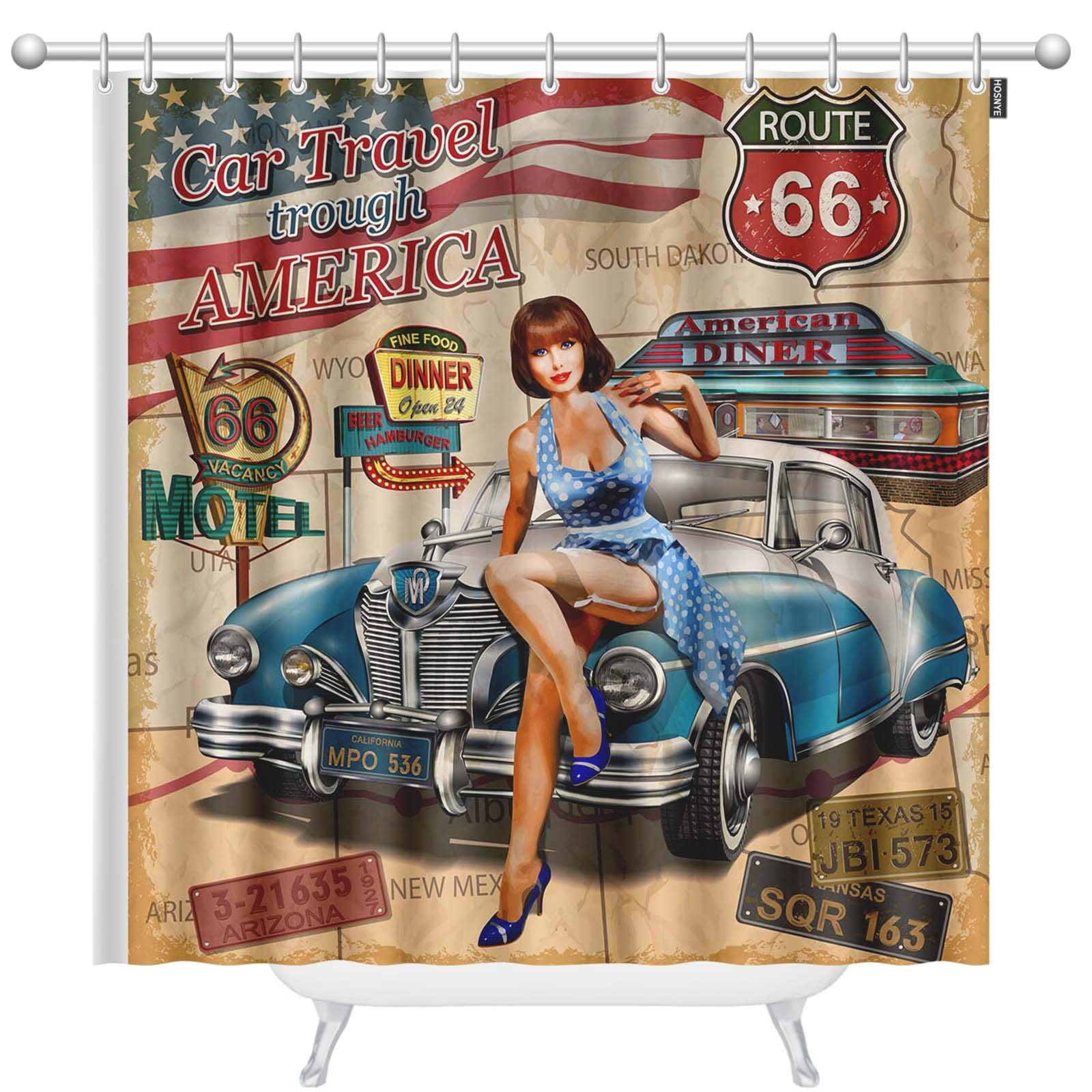 Vintage Route 66 Shower Curtain Set - 72 x 78 Inch Retro America Travel Print Bathroom Decor with 12 Hooks, Waterproof & Durable - Perfect for Themed Bathrooms, Road Trip Lovers & Vintage Home Decor