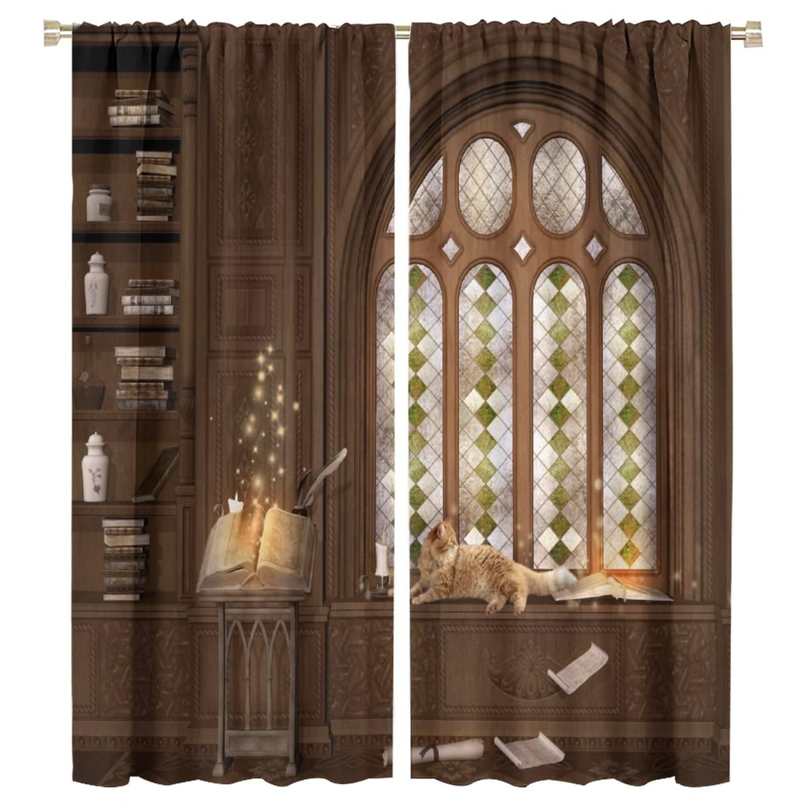 Vintage Gothic Curtains - Fantasy Magic Library Bookshelf Cat Printed Window Drapes 2 Panel Set (55x63 inches) for Living Room, Bedroom & Study - Perfect for Gothic Home Decor, Reading Nooks & Themed Spaces