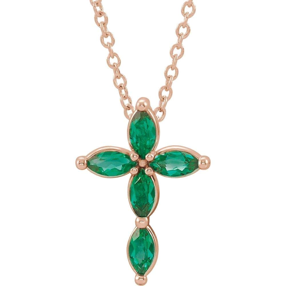 Bonyak 14K Rose Gold Emerald Cross Pendant Necklace for Women - Elegant Religious Jewelry Gift for Baptism, Confirmation & Everyday Wear