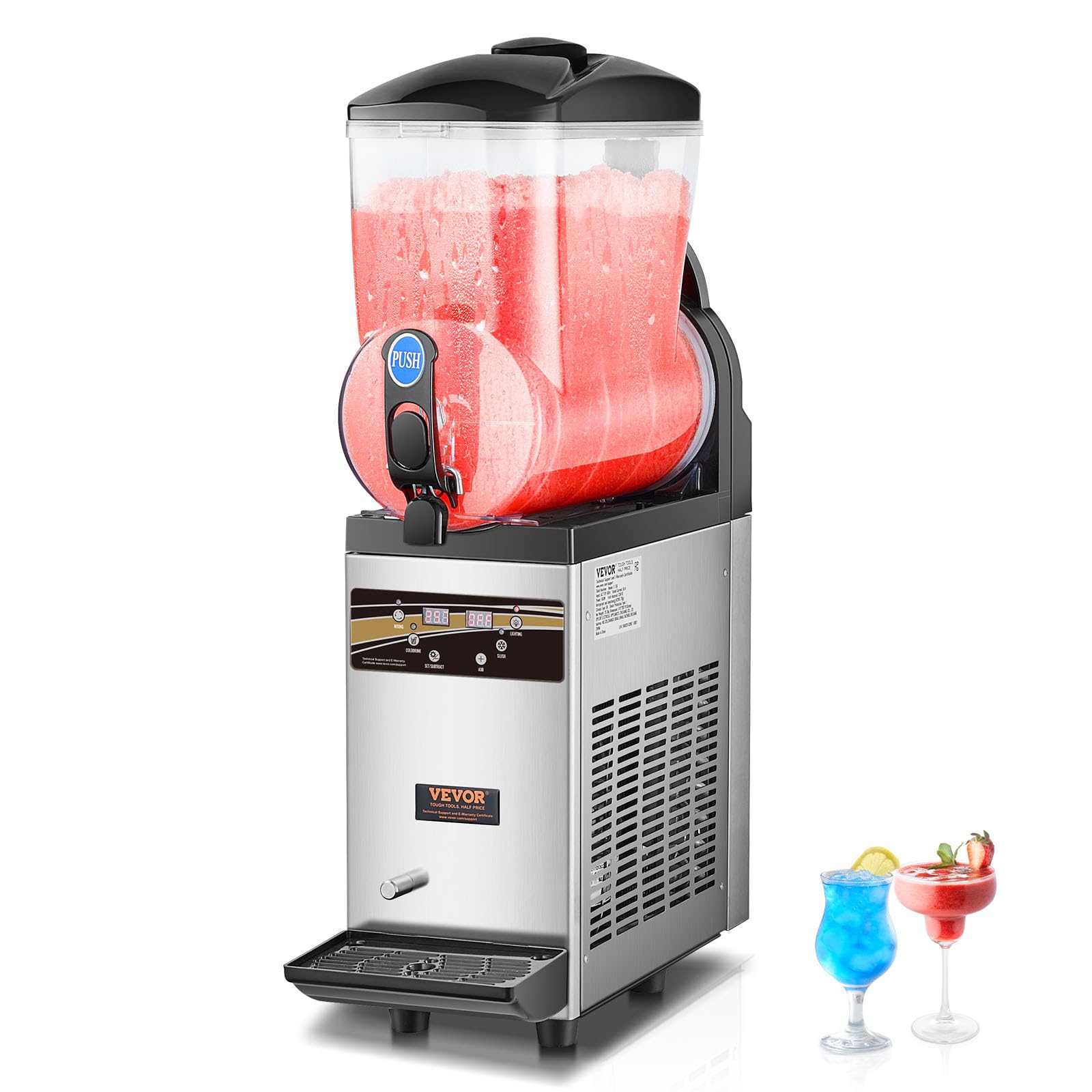 VEVOR 15L Commercial Margarita & Slushie Machine - Stainless Steel Frozen Drink Maker for Smoothies, Cocktails - Perfect for Home Parties, Restaurants, Cafes & Bars (60 Cups Capacity)