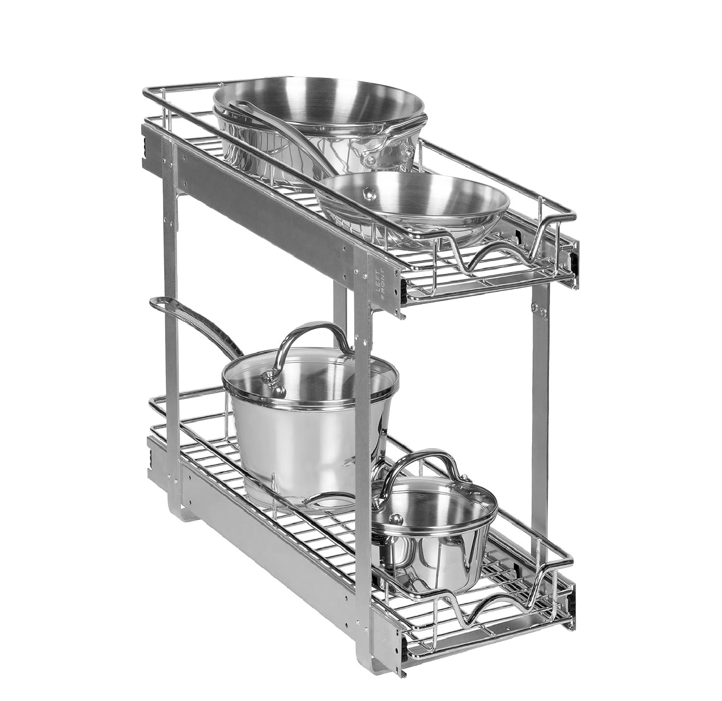 2-Tier Pull Out Cabinet Organizer - Heavy Duty Metal, Anti-Rust Chrome Finish for Kitchen & Bathroom Storage
