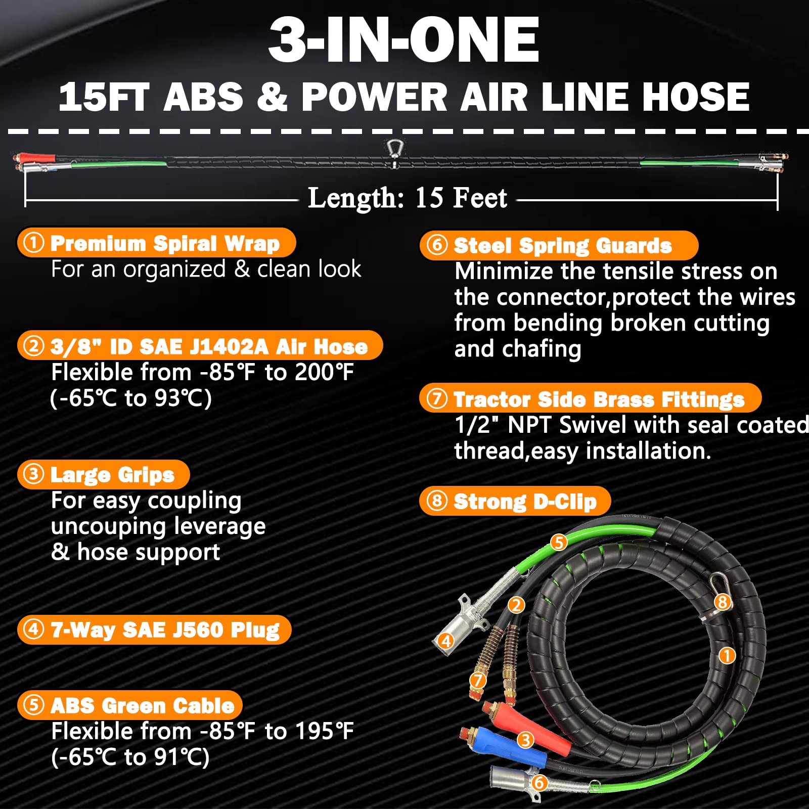 KOOTANS 15FT Semi Truck Air Lines Kit - 3-in-1 Trailer Cord & Air Brake Hoses Assembly with 7-Way ABS Electric Power Line | Durable Air Hoses Kit for Semi Truck, Trailer & Tractor | Ideal for Long-Haul Transport & Heavy-Duty Towing