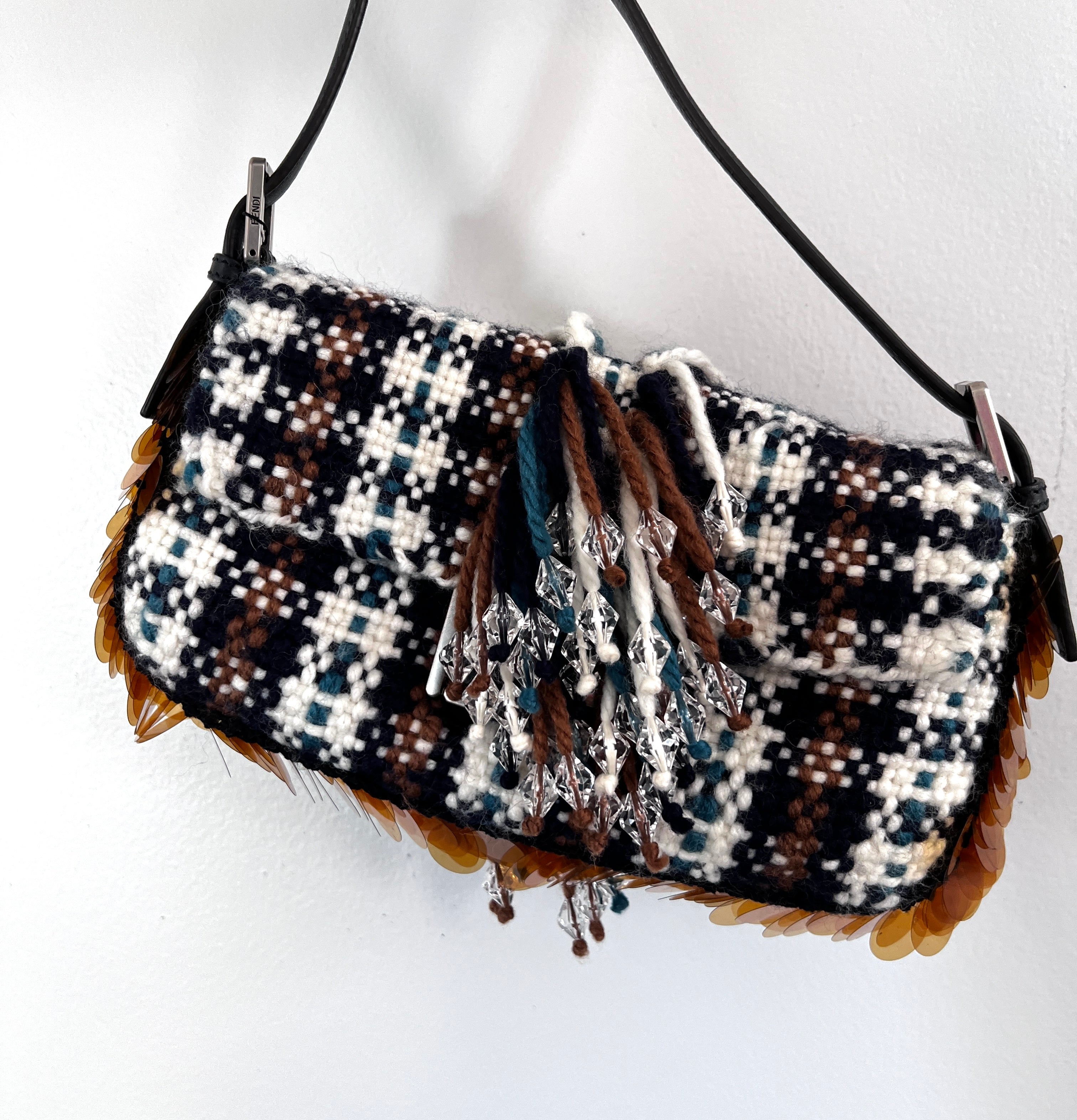 Authentic Fendi Selleria Plaid Tweed Shearling Baguette Bag - Luxury Designer Handbag for Women, Perfect for Parties, Events & Everyday Use