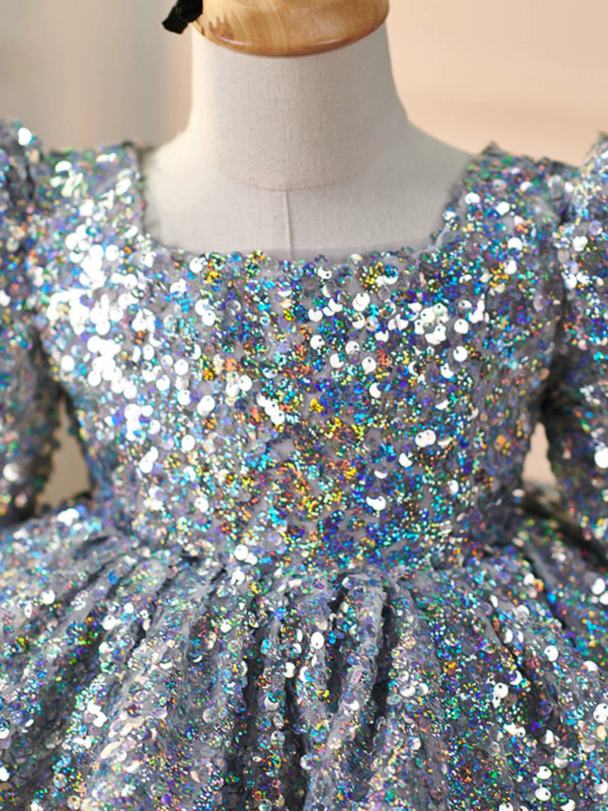 Elegant Dusty Blue Princess Square Neckline Sequined Flower Girl Dress for Weddings, Pageants & Special Occasions