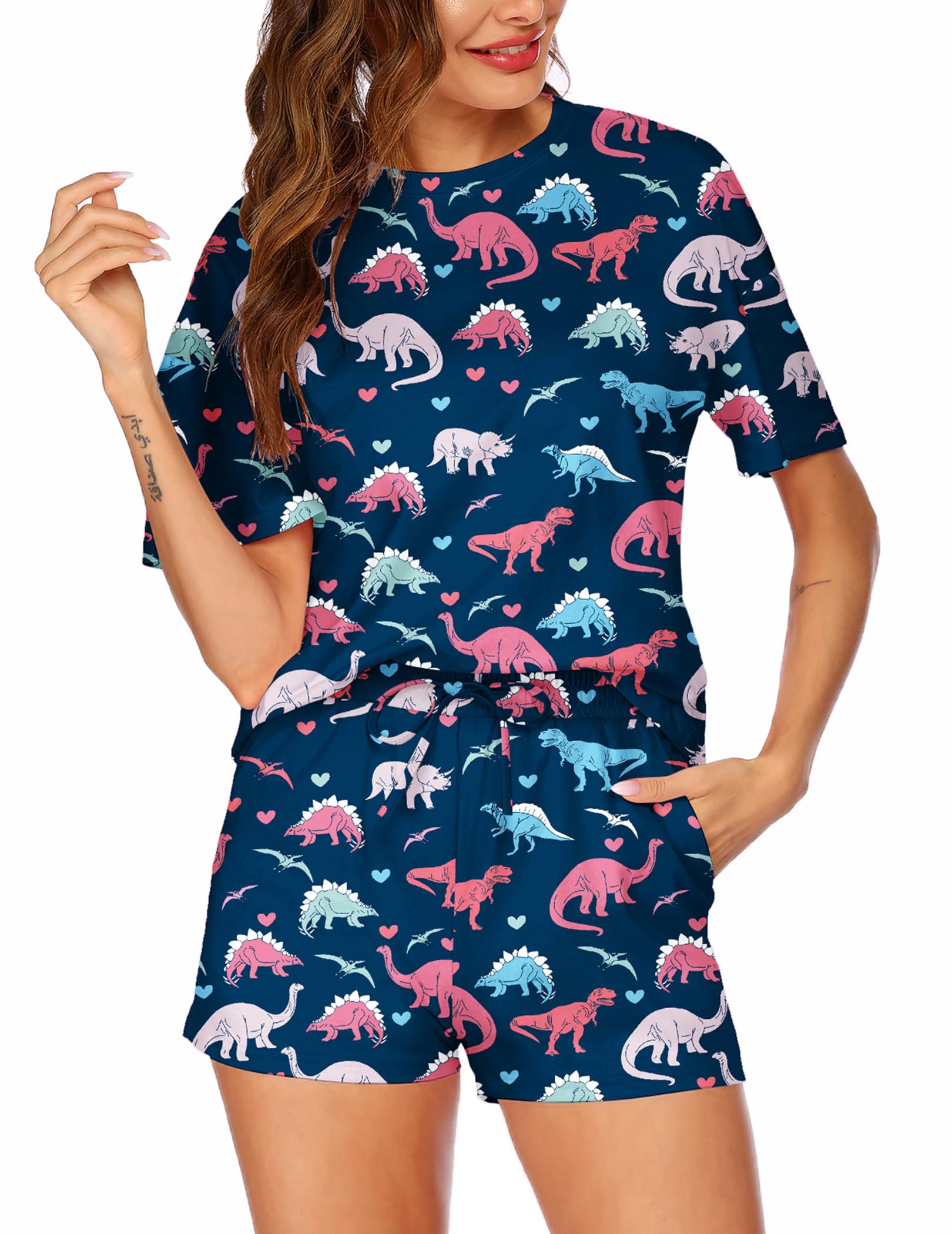 Hotouch Women's Printed Pajama Set - Soft 2-Piece Sleepwear with Short Sleeve Top & Shorts - Comfortable Lounge Pajamas for Sleep, Relaxation & Summer Nights