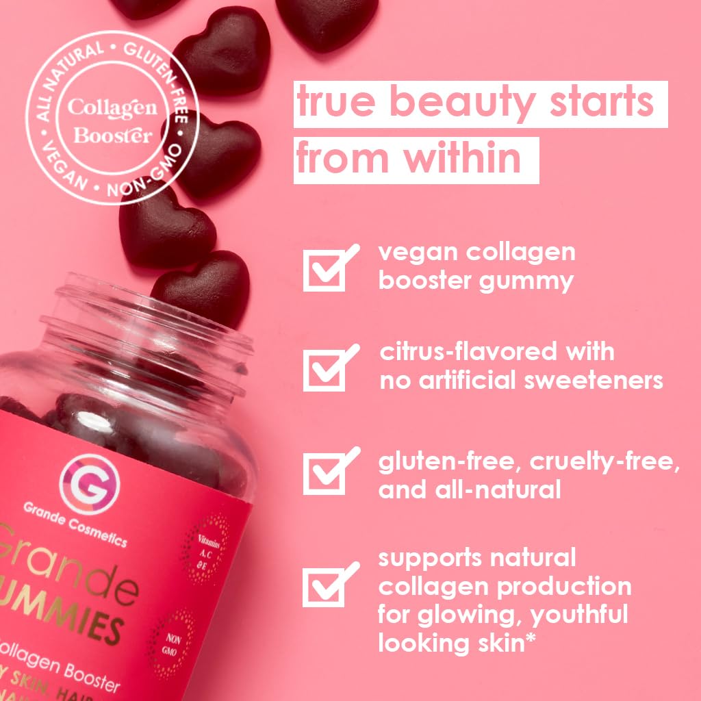 Grande Cosmetics Vegan Collagen Hair Vitamin Gummies for Women - Biotin, Folic Acid & Vitamin C Enriched for Healthy Hair, Skin, Lashes & Brows - 1 Month Supply (60 Citrus Flavor Tablets) - Perfect for Daily Beauty Routine & On-the-Go Nutrition