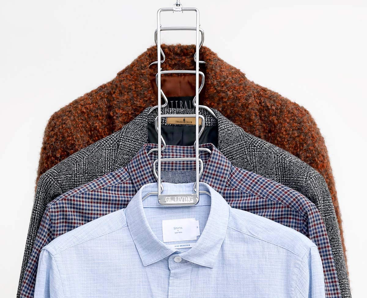 HOMSSEM 4-Tier Shirt Hangers with Non-Slip PVC Coating - 360° Rotating Hook - Space Saving Closet Organizer - Perfect for Shirts, Blouses & Light Jackets (Set of 5, Designed in Korea) - Ideal for Small Closets, Dorm Rooms & Travel Storage