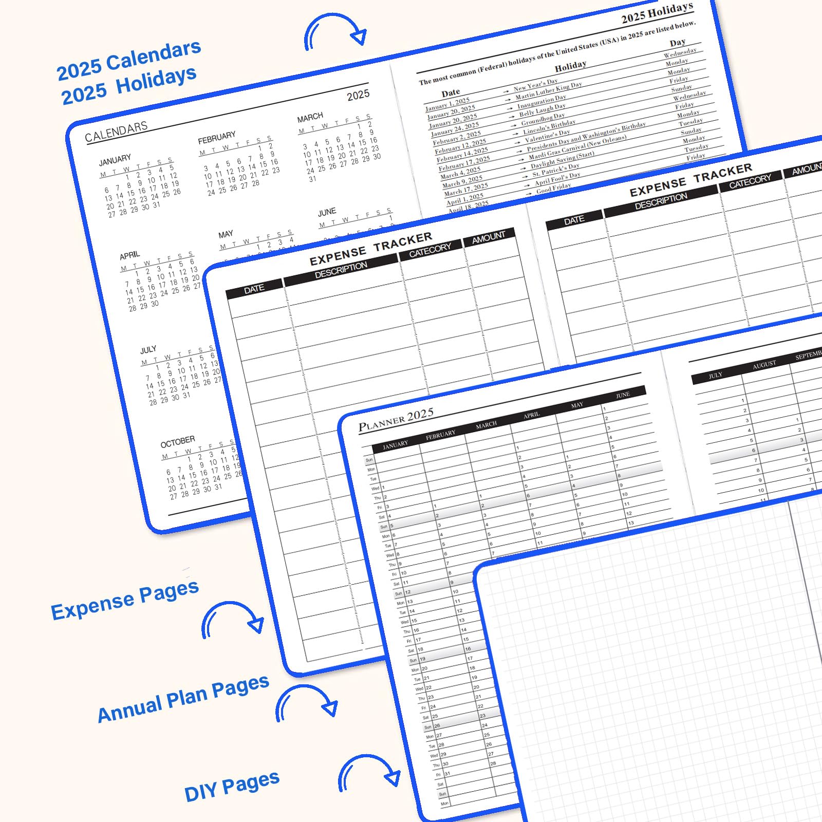 2025 Planner - Daily & Hourly Appointment Book with Faux Leather Cover (Blue), 8.5