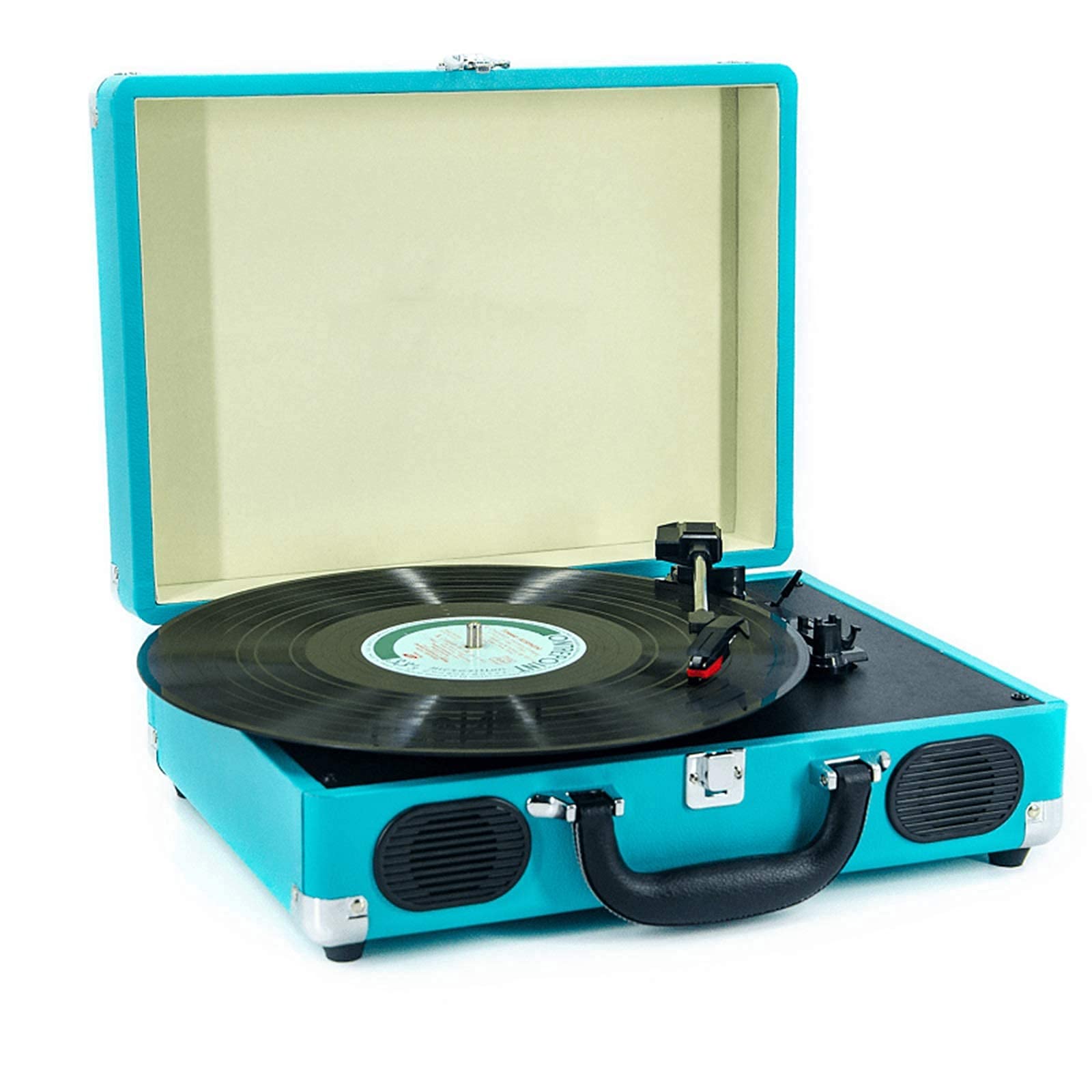 Vintage Suitcase Record Player with Built-in Speakers - 3 Speed Turntable for Vinyl Records, RCA Line Out, AUX Input & Headphone Jack | Retro Bluetooth Turntable for Home Decor, Parties & Gifts (Blue)