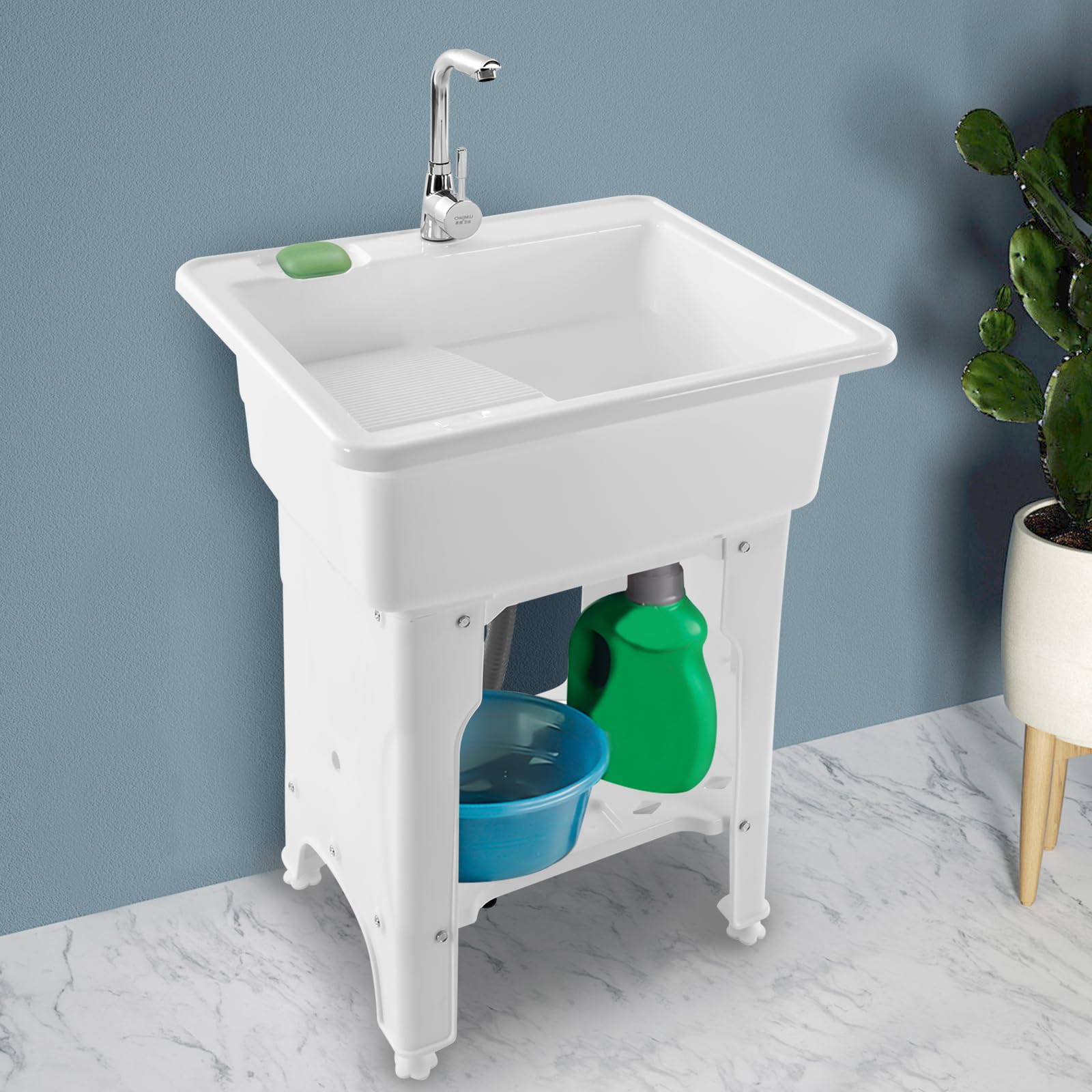 Large White Freestanding Utility Sink with Faucet & Removable Washboard - Spacious Laundry Tub for Laundry Room, Garage, Basement & Garden - Perfect for Washing Clothes, Cleaning Tools & Outdoor Use