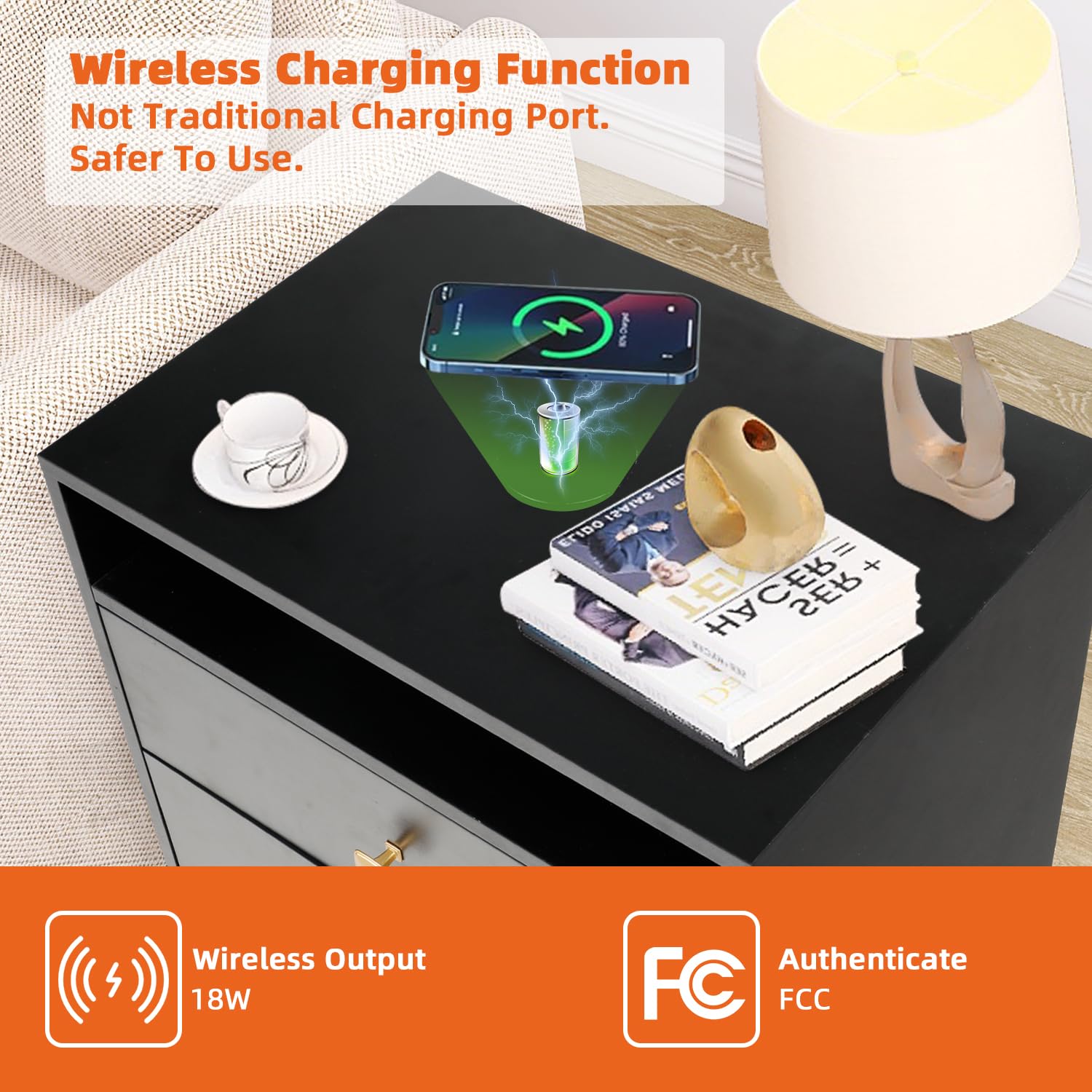 AILEEKISS Modern Nightstand Set of 2 with Wireless Charging Station - Wooden Bedside Tables with 2 Drawers & Storage - Black Contemporary Bedroom Furniture for Living Room, Guest Room & Dorm (Perfect for Charging Phones, Storing Books & Bedside Essentials)