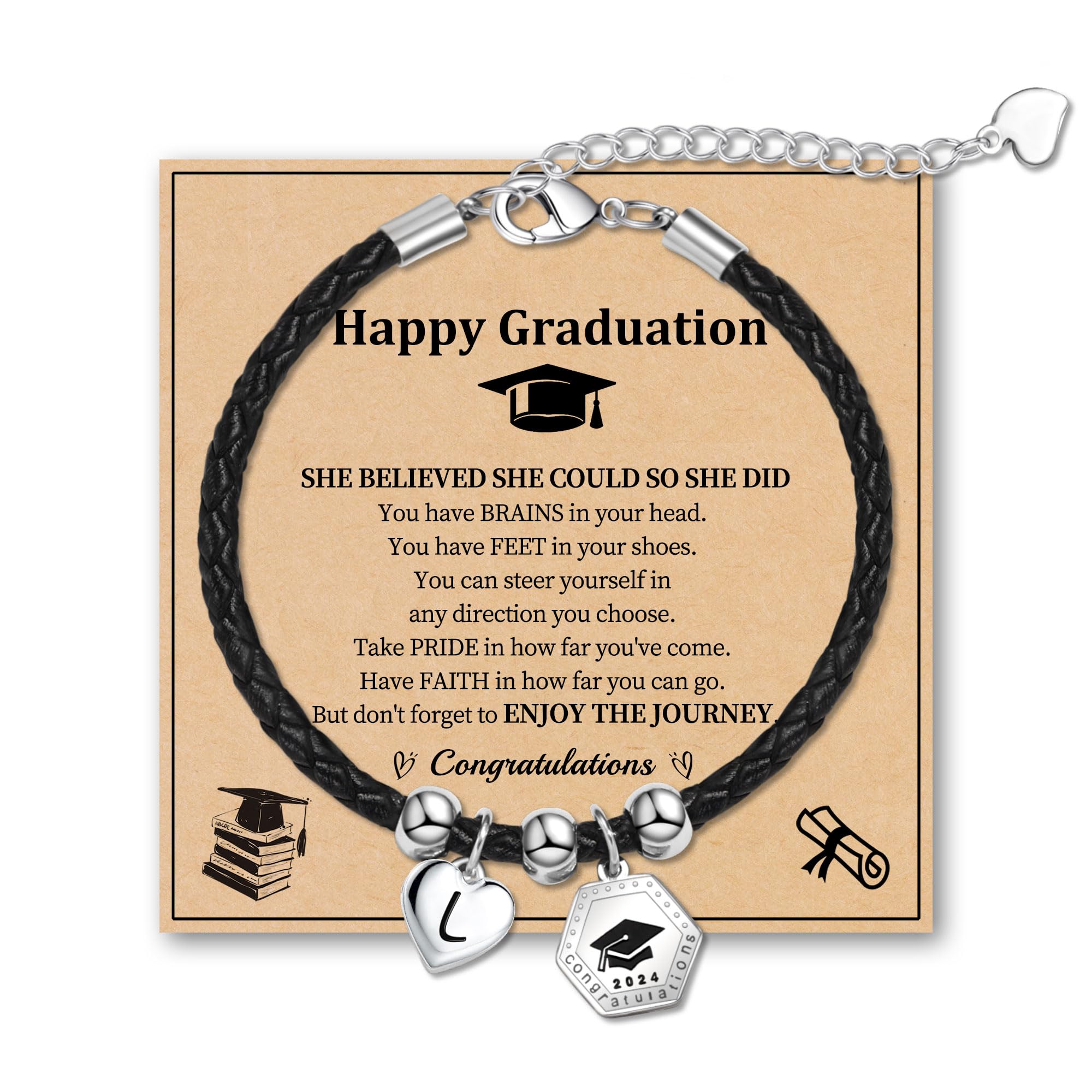 2024 Graduation Bracelets for Women - Personalized L Initial Leather Bracelet, High School & College Graduation Gifts for Her, 8th Grade Promotion Jewelry - Perfect for Ceremonies, Parties & Special Occasions