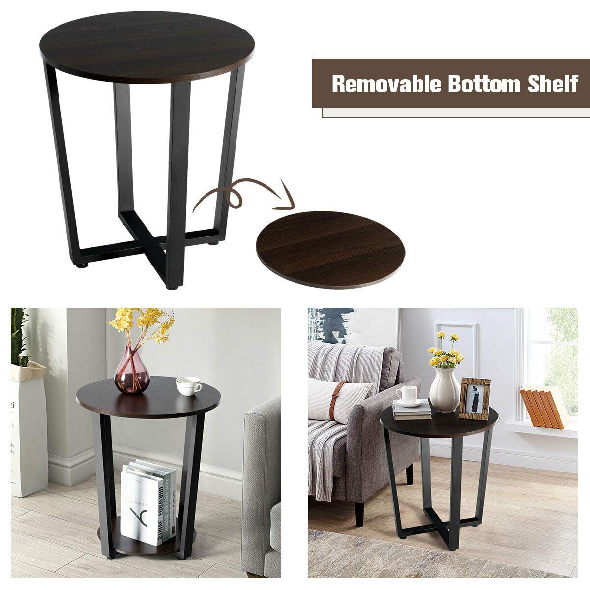 Caraya 2-Tier Round Nightstand End Table - Multifunctional Side Table with Sturdy Metal Frame for Bedroom, Living Room & Office - Perfect as Bedside Table, Sofa Side Table or Office Storage Organizer