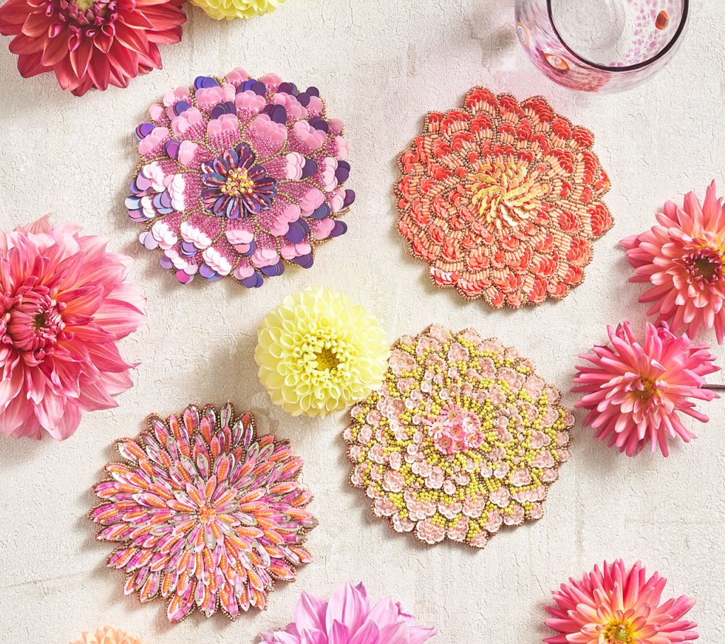 Premium Dahlia Flower Coasters Set of 4 - Absorbent Ceramic Drink Coasters with Gift Bag for Coffee, Tea & Wine - Perfect for Home, Office & Party Decor
