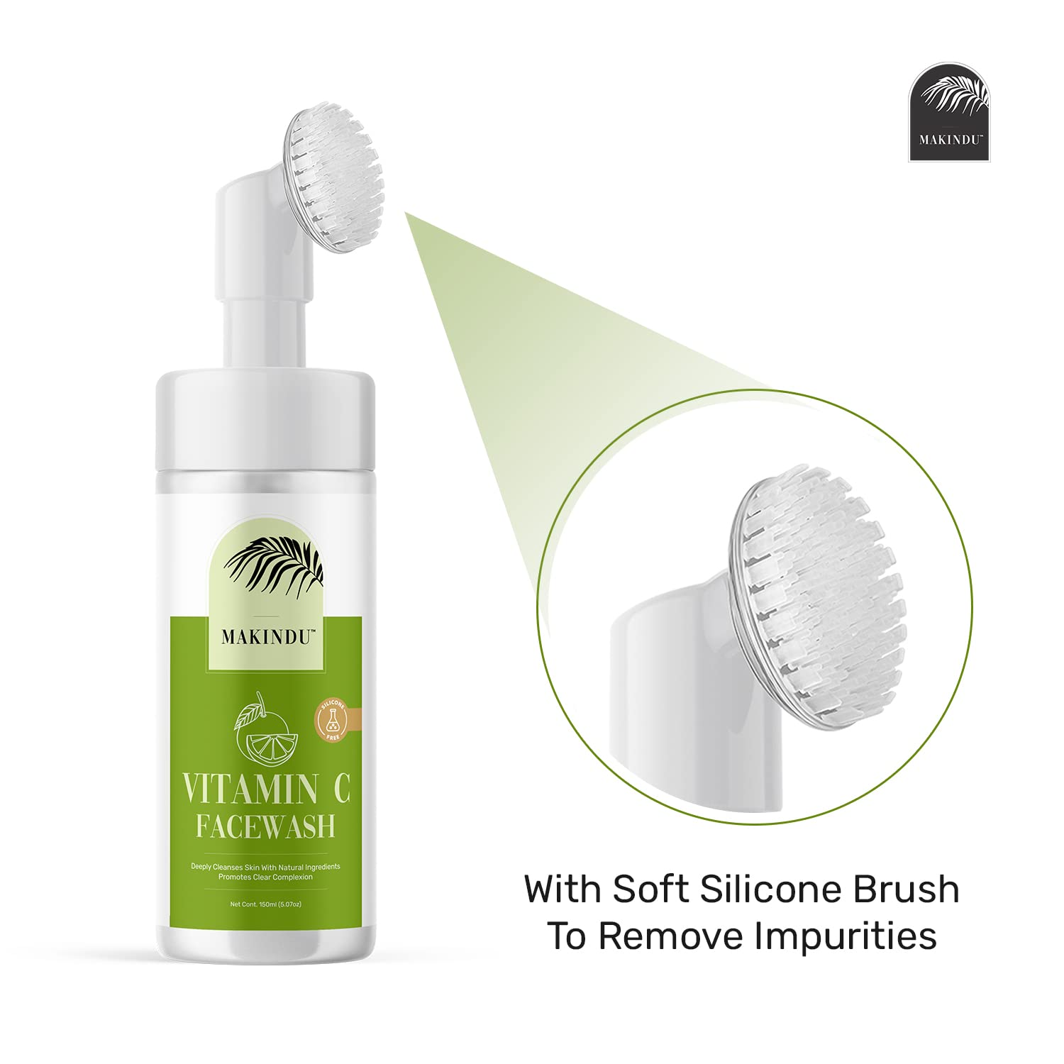 MAKINDU COSMETICS Vitamin C Face Wash with Foaming Silicone Cleanser Brush - 150ml | Brightening & Exfoliating Facial Cleanser for Glowing Skin | Perfect for Morning & Night Skincare Routine