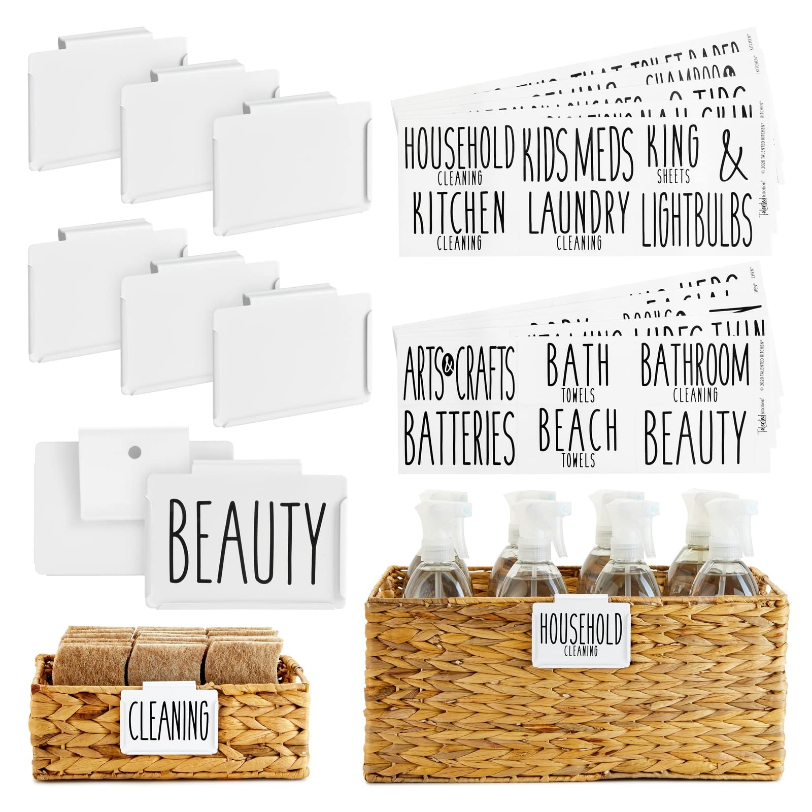 **8 Pack Metal Basket Label Clips with 70 Household Labels - Organize Storage Bins, Bathroom & Linen Closet - White - Perfect for Home, Office & Pantry Organization**