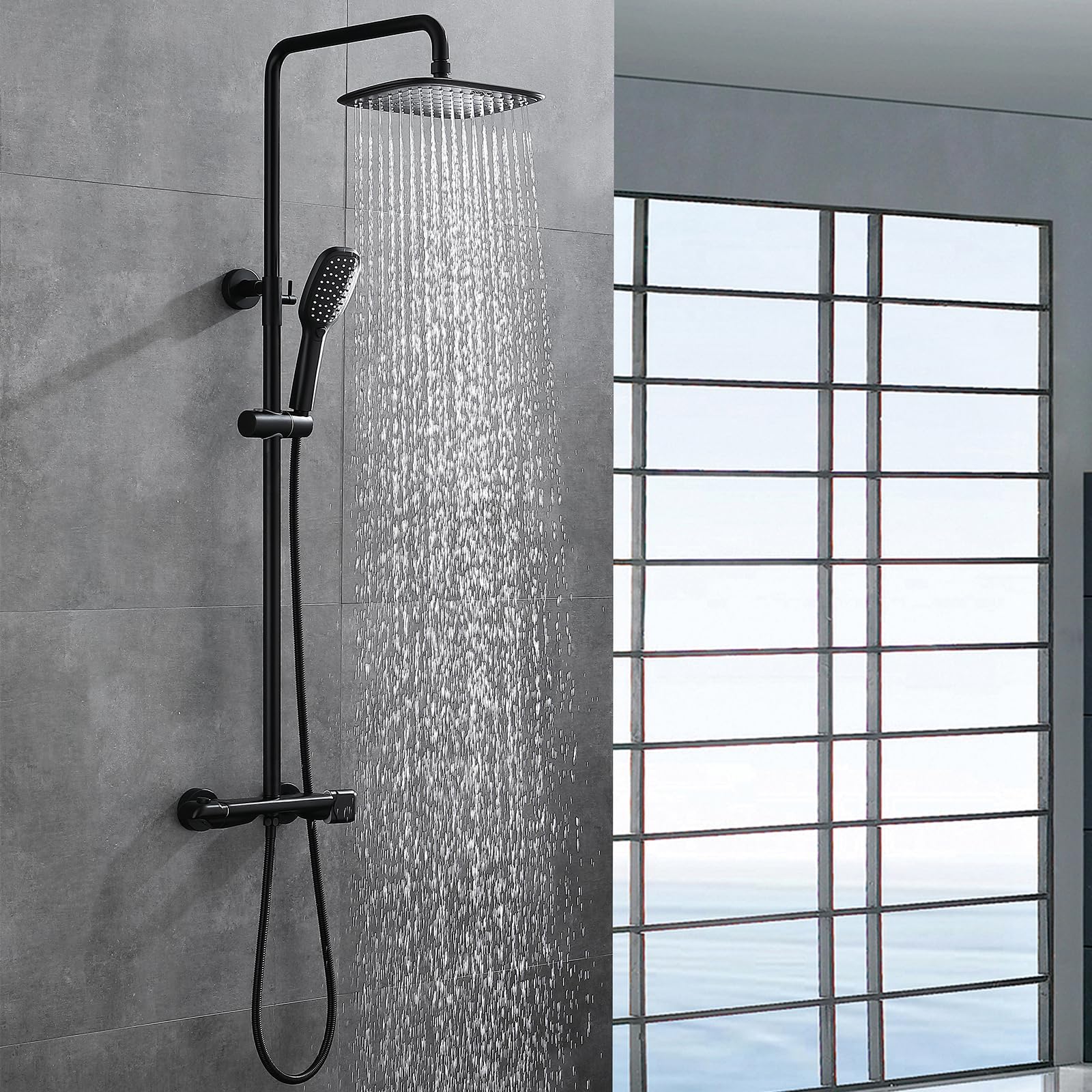 Premium Matte Black Exposed Shower System with Thermostatic Brass Valve - Adjustable 10