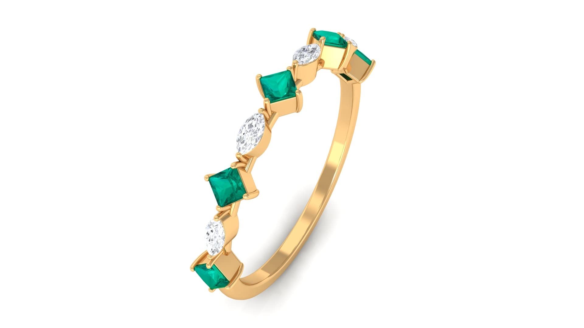 Emerald Half Eternity Ring 14K Solid Gold - Princess Cut Green Emerald & Diamond Alternate Semi Eternity Ring for Women | Anniversary Gift, Wedding Band, Engagement Jewelry