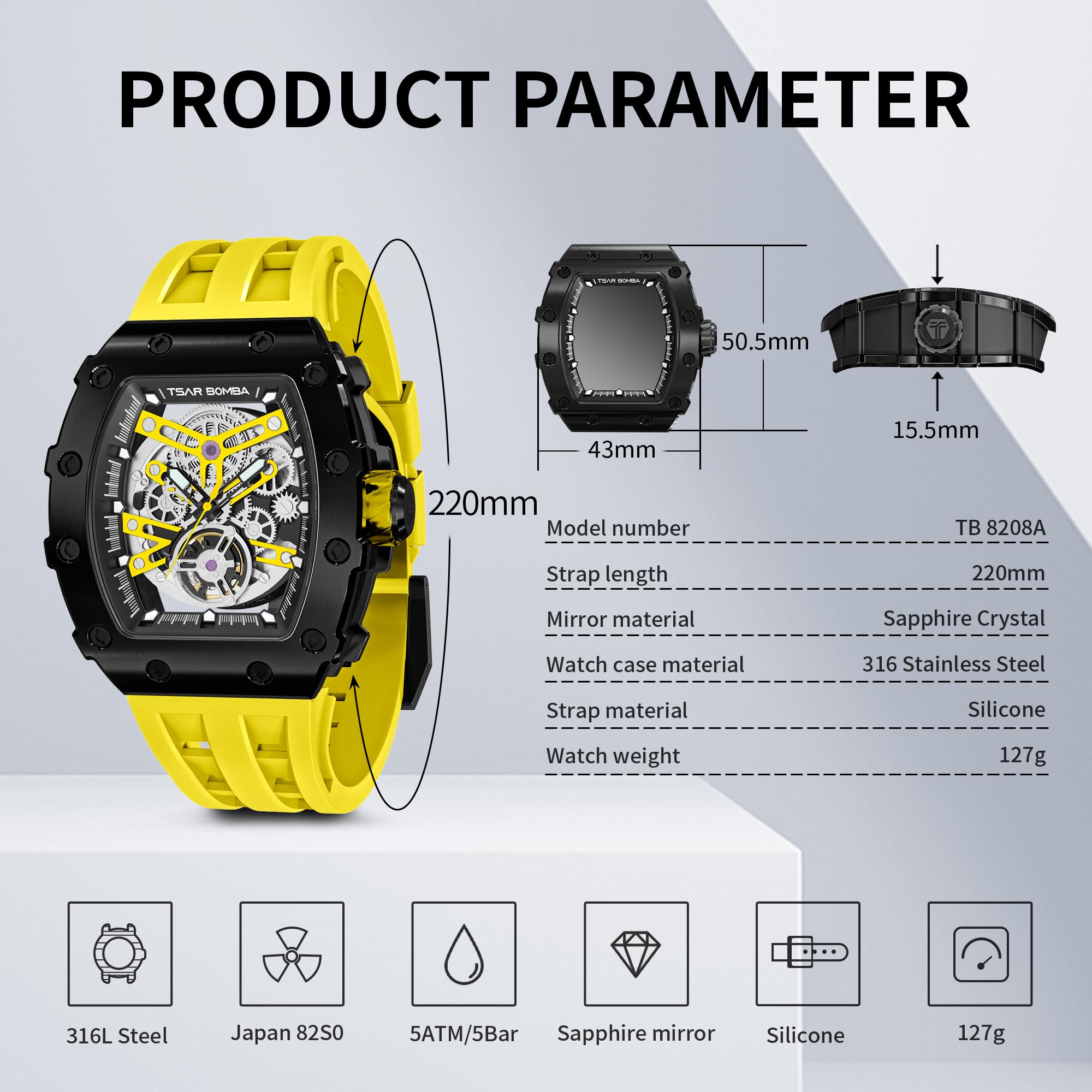 Premium Automatic Skeleton Mechanical Men's Watch - Carbon Fiber Bezel, 50M Waterproof, Silver Luxury Wristwatch with Silicone Strap | Stylish Dress Watch for Business, Formal Events & Everyday Wear