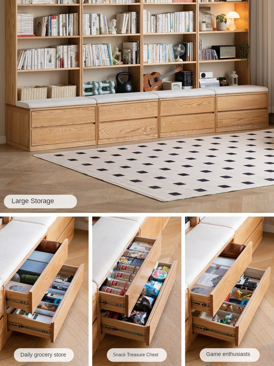 Solid Oak Wood Wall-to-Wall Bookshelf with Built-in Seat - Perfect for Home Library, Study Room & Living Room Storage