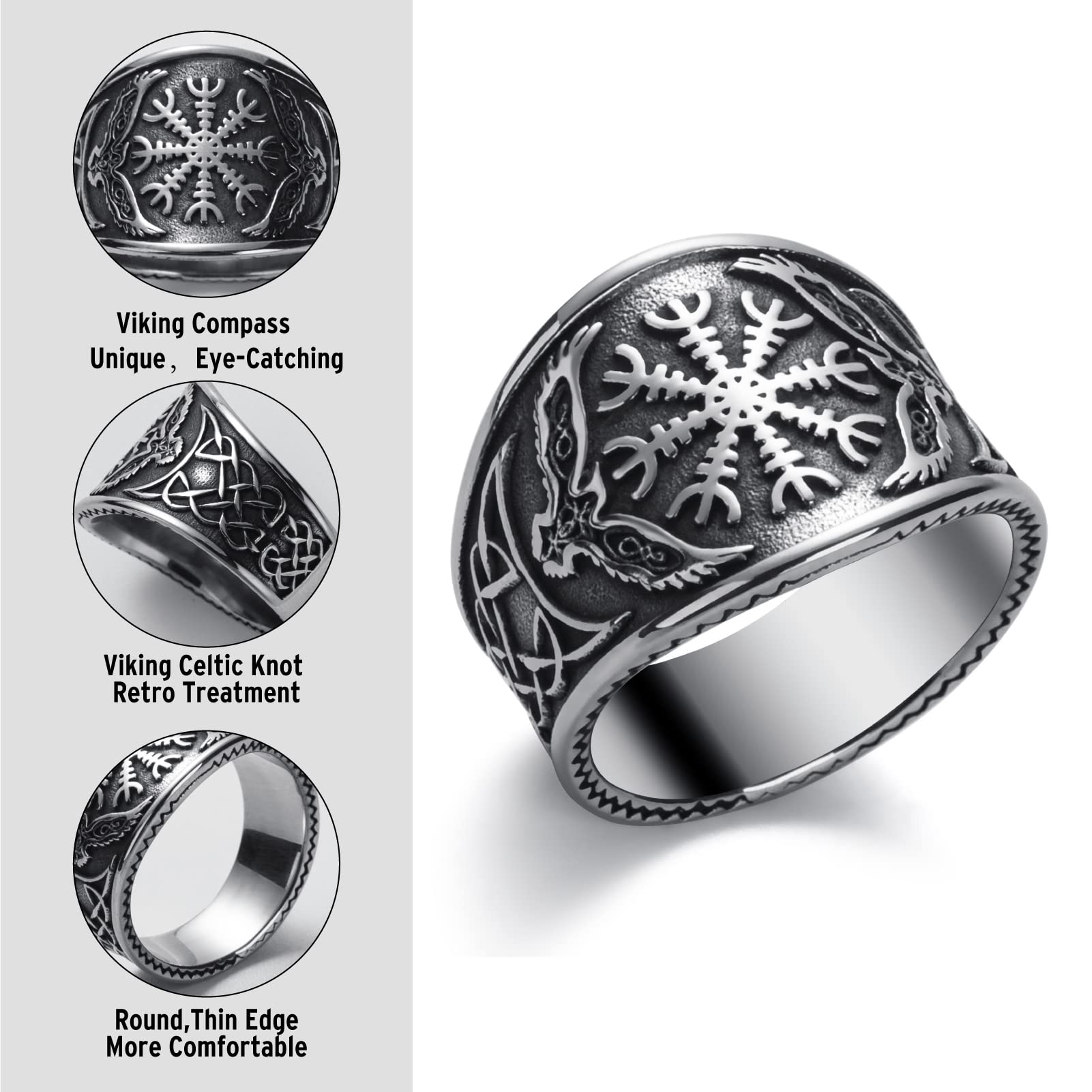 Viking Ring Norse Raven Vegvisir Jewelry for Men & Women - Size 7-13 for Daily Wear