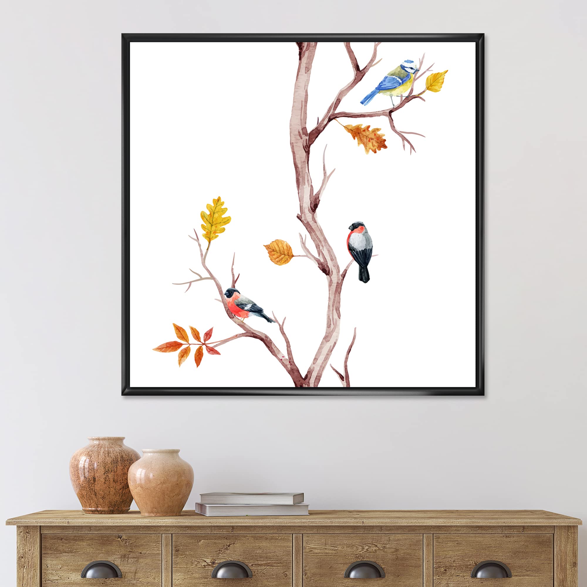 DesignQ Little Birds on Tree Branches IV - Traditional Framed Canvas Wall Art Print for Living Room, Bedroom & Office Decor