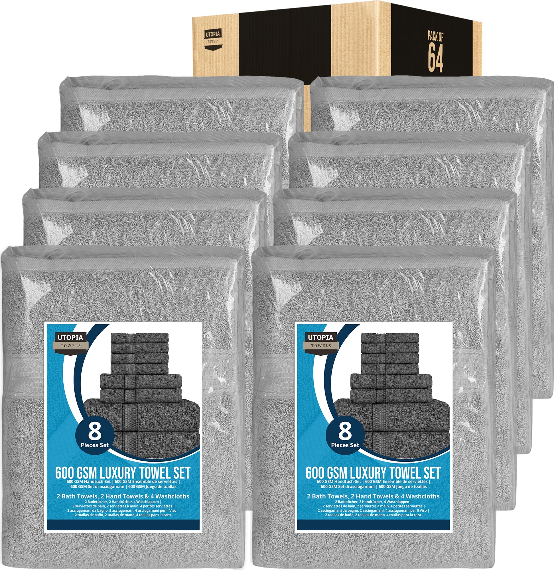 Premium 600 GSM Ring Spun Cotton Bath Towel Set - 16 Bath Towels, 16 Hand Towels & 32 Washcloths (64-Piece) - Ultra Absorbent Luxury Towels for Bathroom, Spa & Gym - Cool Grey Collection