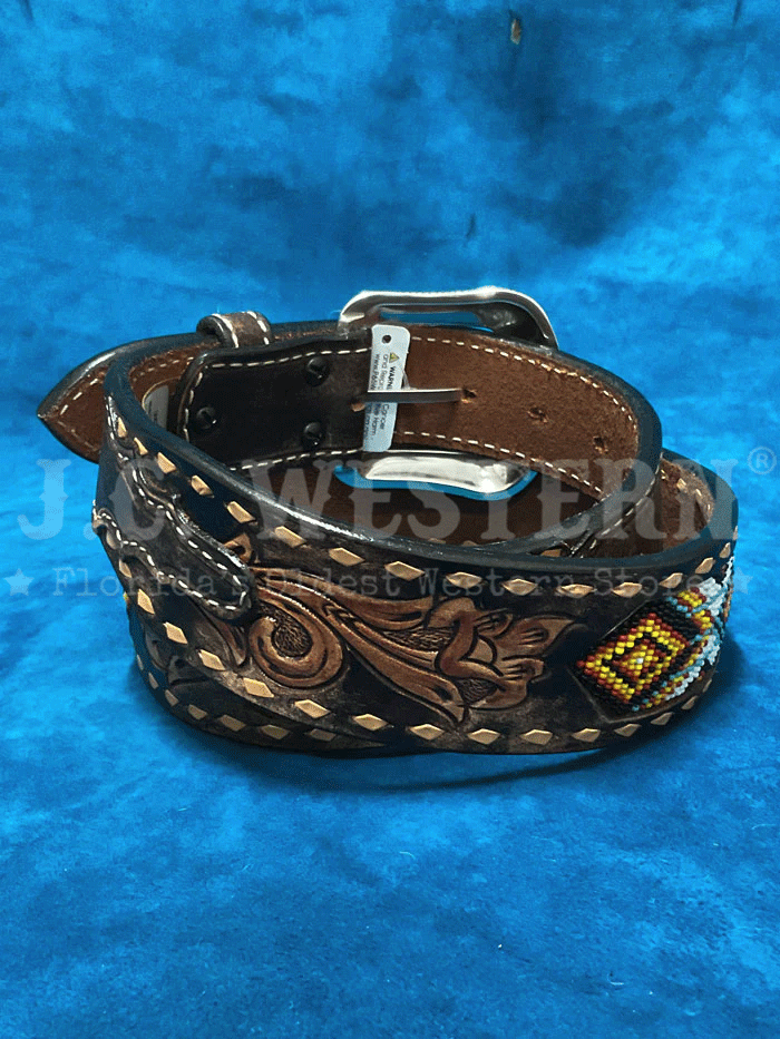 D100013402 Men's 3D Buck Lacing Beaded Inlay Leather Belt - Brown Western Style Belt for Cowboy Boots & Jeans | Perfect for Rodeo, Country Music Festivals & Casual Wear