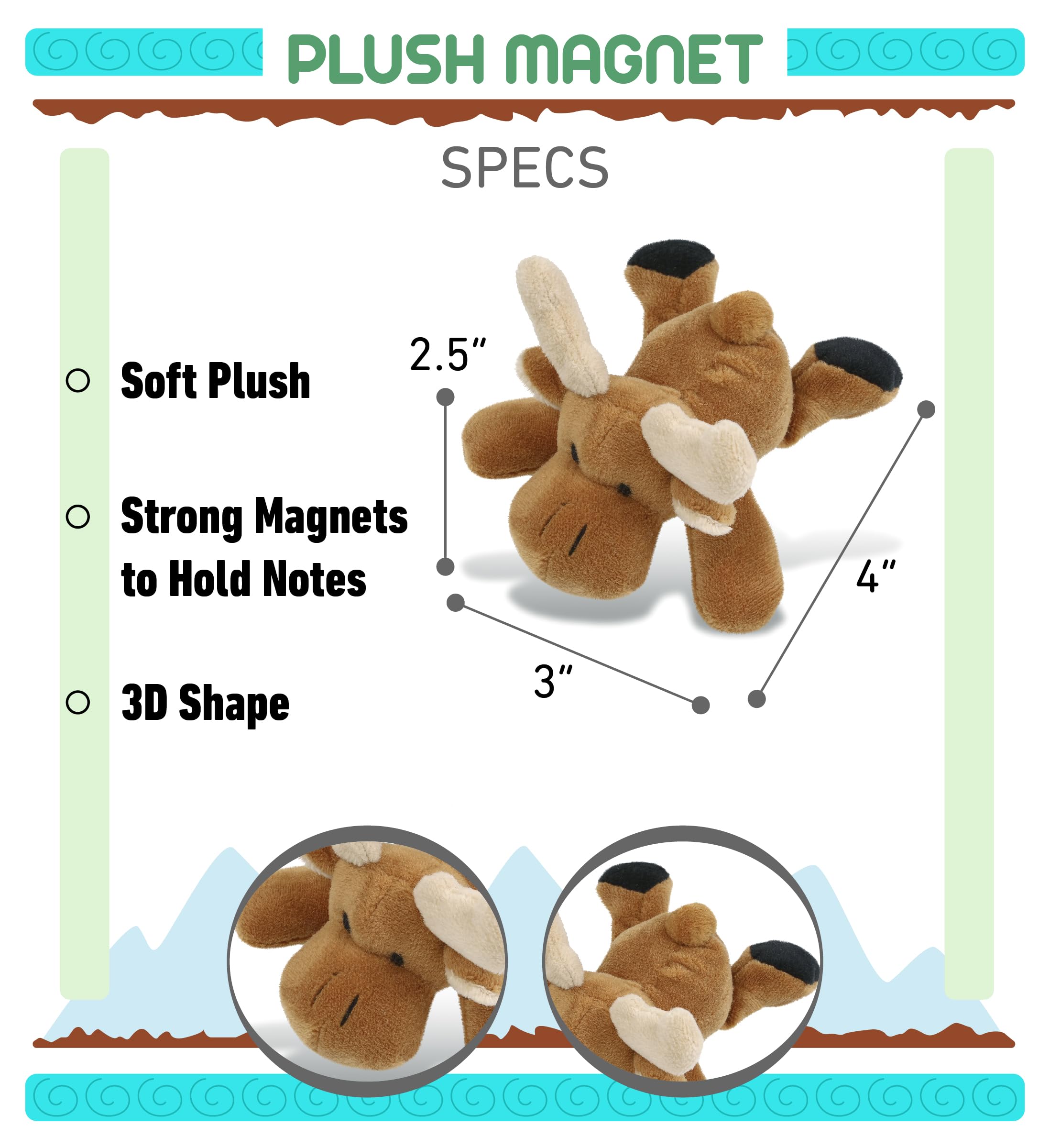 Cute Fluffy Brown Moose Plush Refrigerator Magnet - 4 Inch Adorable Elk Stuffed Animal Fridge Magnet for Kitchen, Office & Home Decor - Perfect Gift for Wildlife Lovers, Kids Room & Christmas Decoration
