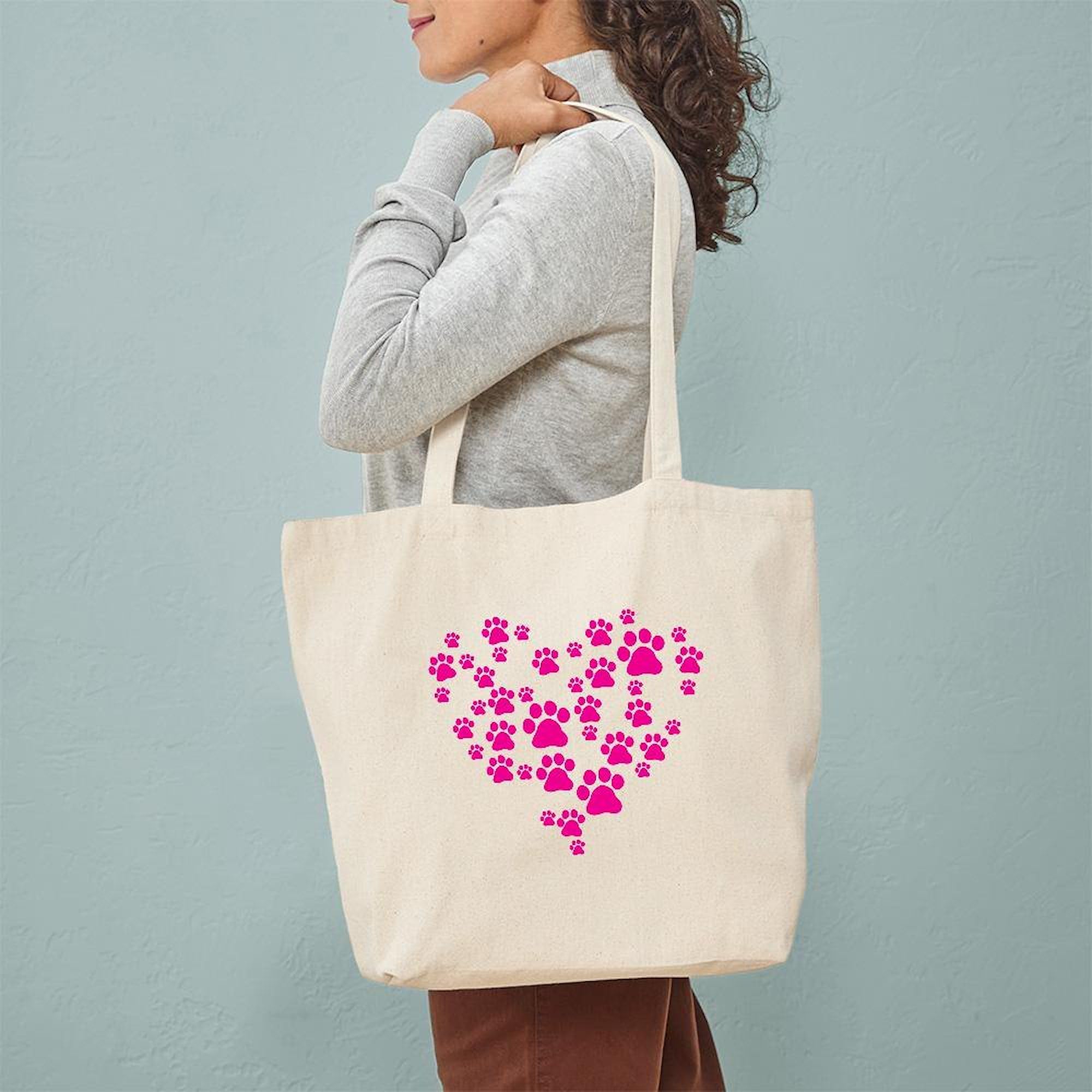 Heart Of Paw Prints Natural Canvas Tote Bag - Eco-Friendly Reusable Shopping Bag for Pet Lovers | Perfect for Groceries, Beach Trips & Daily Use