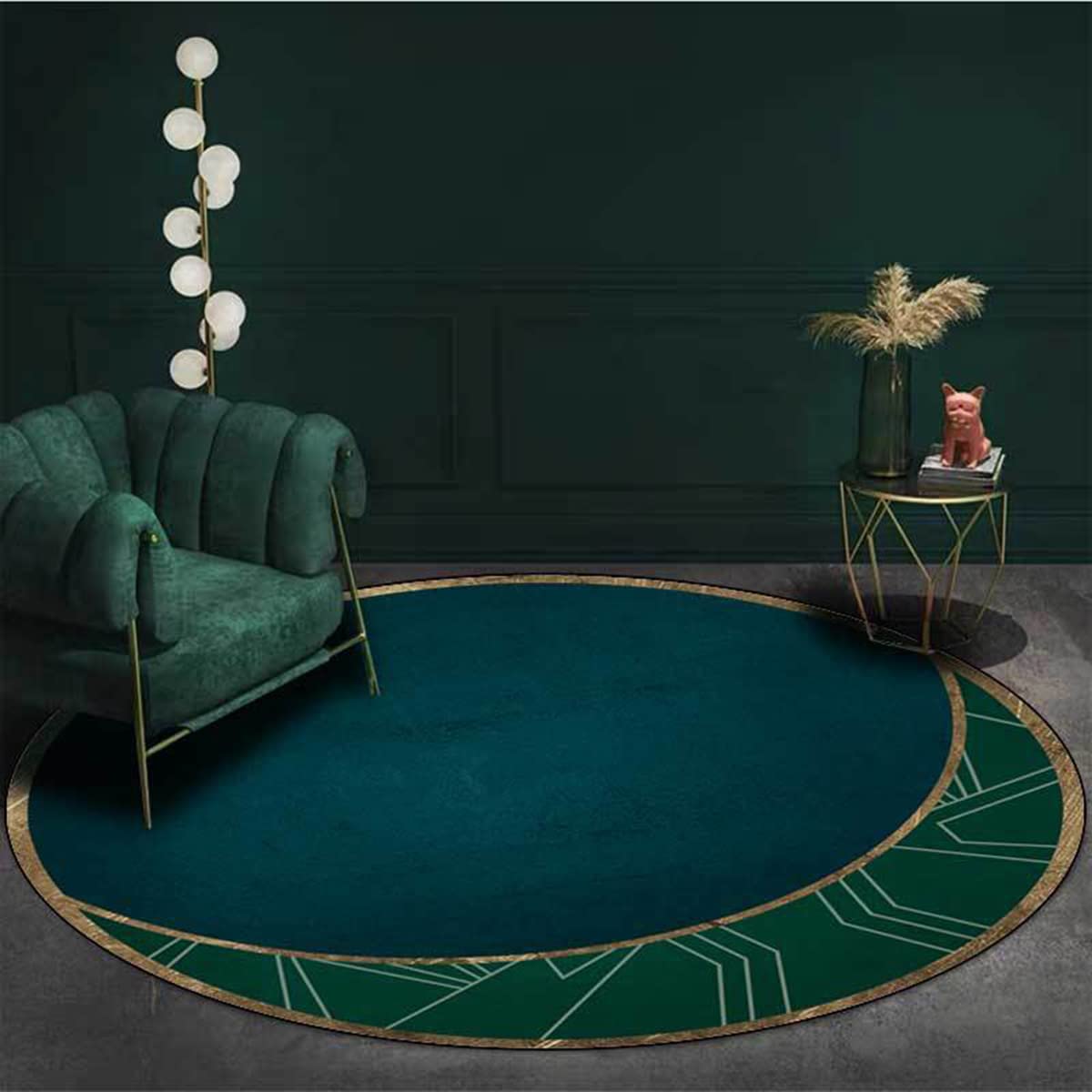 Modern Abstract Geometric Area Rug - 6ft Round Forest Green Washable Rug for Living Room, Bedroom, Home Office, Entryway | Retro Coffee Table Mat & Dining Kitchen Runner | Funky Circle Rug for Home Decor
