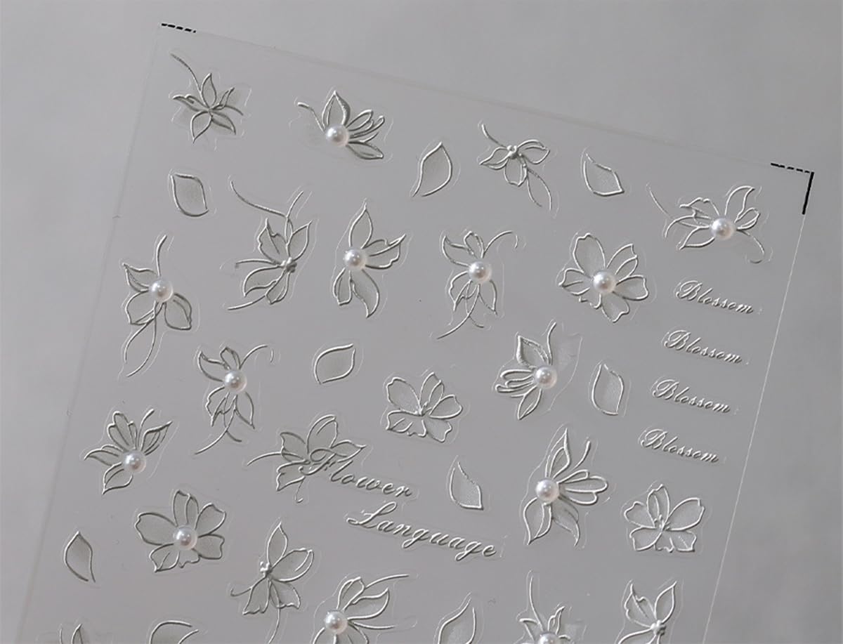 5D Sparkly White Floral Nail Art Stickers - 3D Embossed Pearl Adhesive Slider Decals for DIY Manicure | Perfect for Bridal, Party & Everyday Nail Decorations