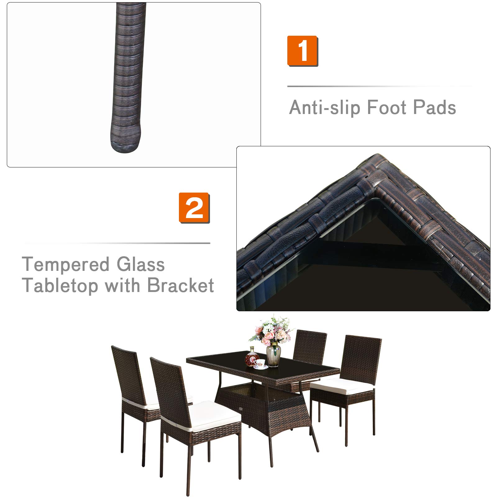Tangkula 5-Piece Outdoor Wicker Dining Set with Tempered Glass Table & Cushioned Chairs - Patio Furniture for Garden, Poolside, Balcony or Backyard Dining & Entertaining
