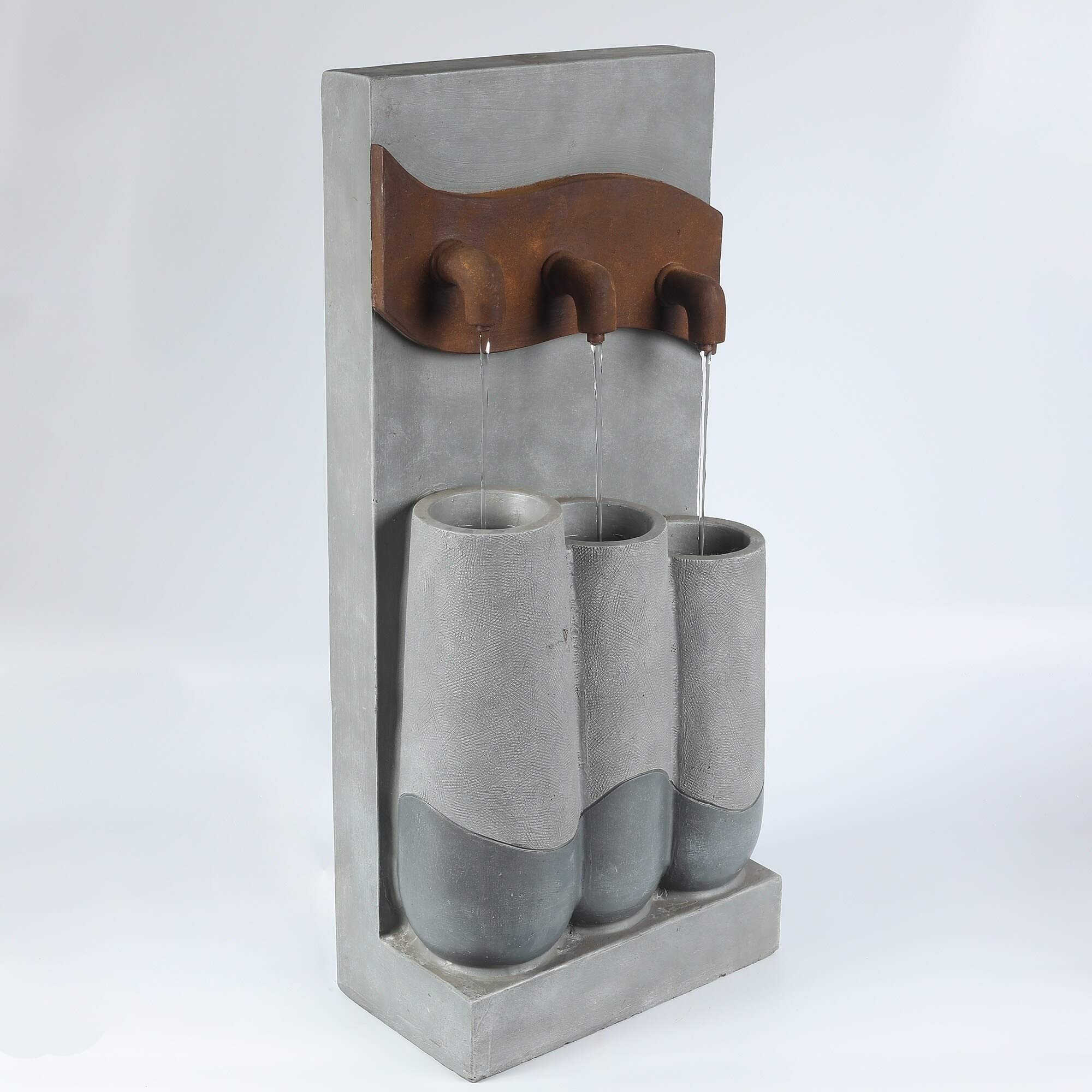 Modern Cement Outdoor Patio Fountain with LED Lights - Brown Grey Contemporary Stone Water Feature for Garden, Yard, and Landscape Decor