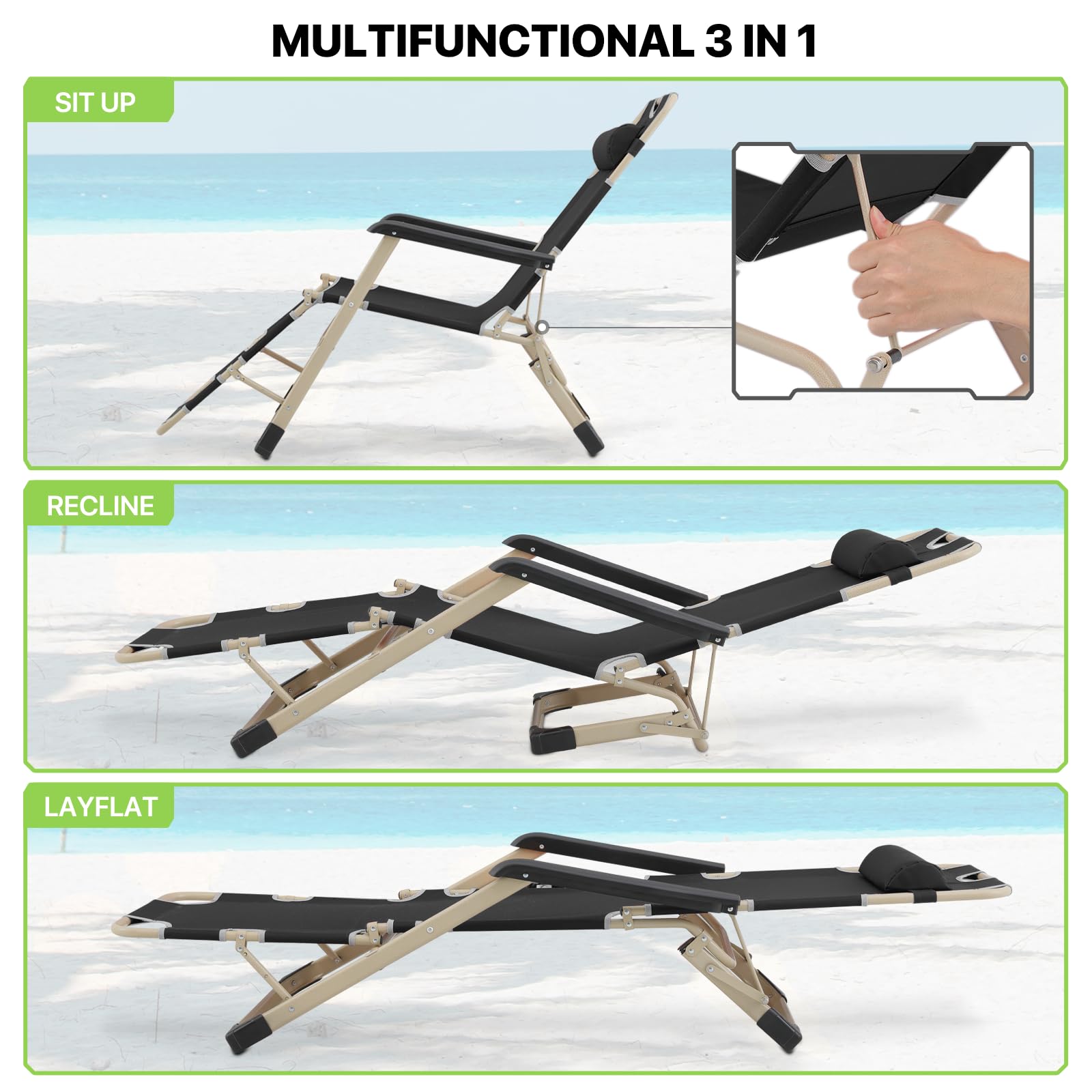 Magshion Patio Folding Lounge Chairs - Portable Outdoor Recliners with Adjustable Headrest & Anti-Slip Feet - 300 lbs Capacity Lawn Chairs for Deck, Beach, Yard, Poolside & Garden Relaxation (Black)