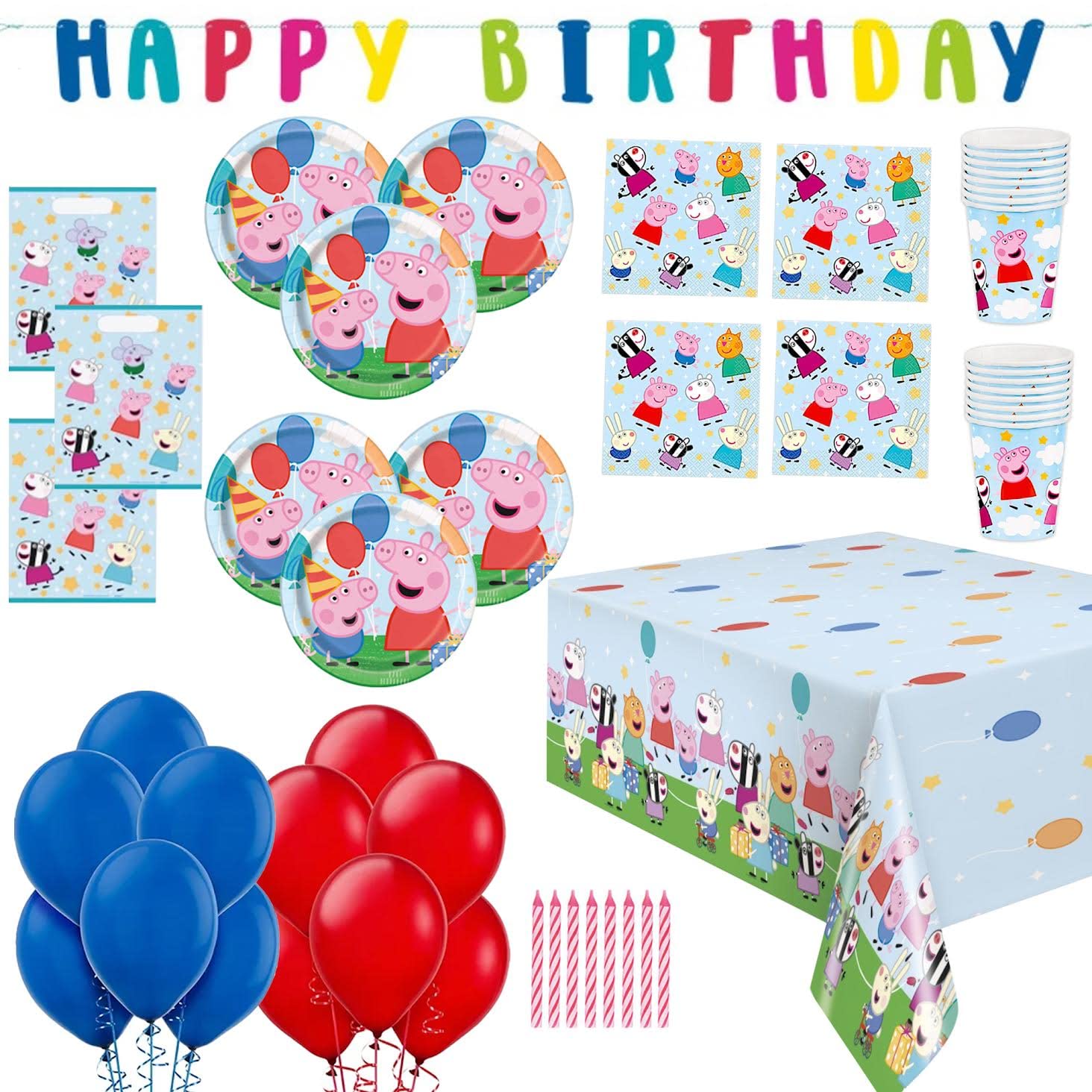 Peppa Pig Birthday Party Supplies Kit for 16 Guests - Happy Birthday Banner, Plates, Napkins, Cups, Loot Bags, Table Cover, Candles & Balloons (Red & Blue) - Perfect for Kids' Birthday Celebrations & Themed Parties