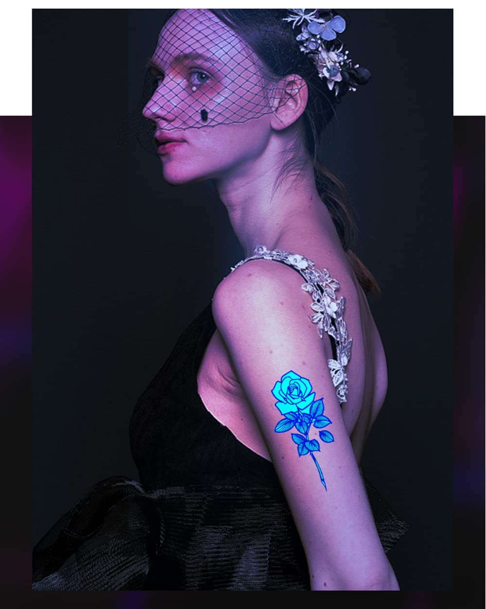 UV Neon Temporary Tattoos for Men & Women - Waterproof Fake Tattoo Stickers (21x15cm) | Armband, Butterfly, Animal & Dreamcatcher Designs for Parties, Festivals & Body Art