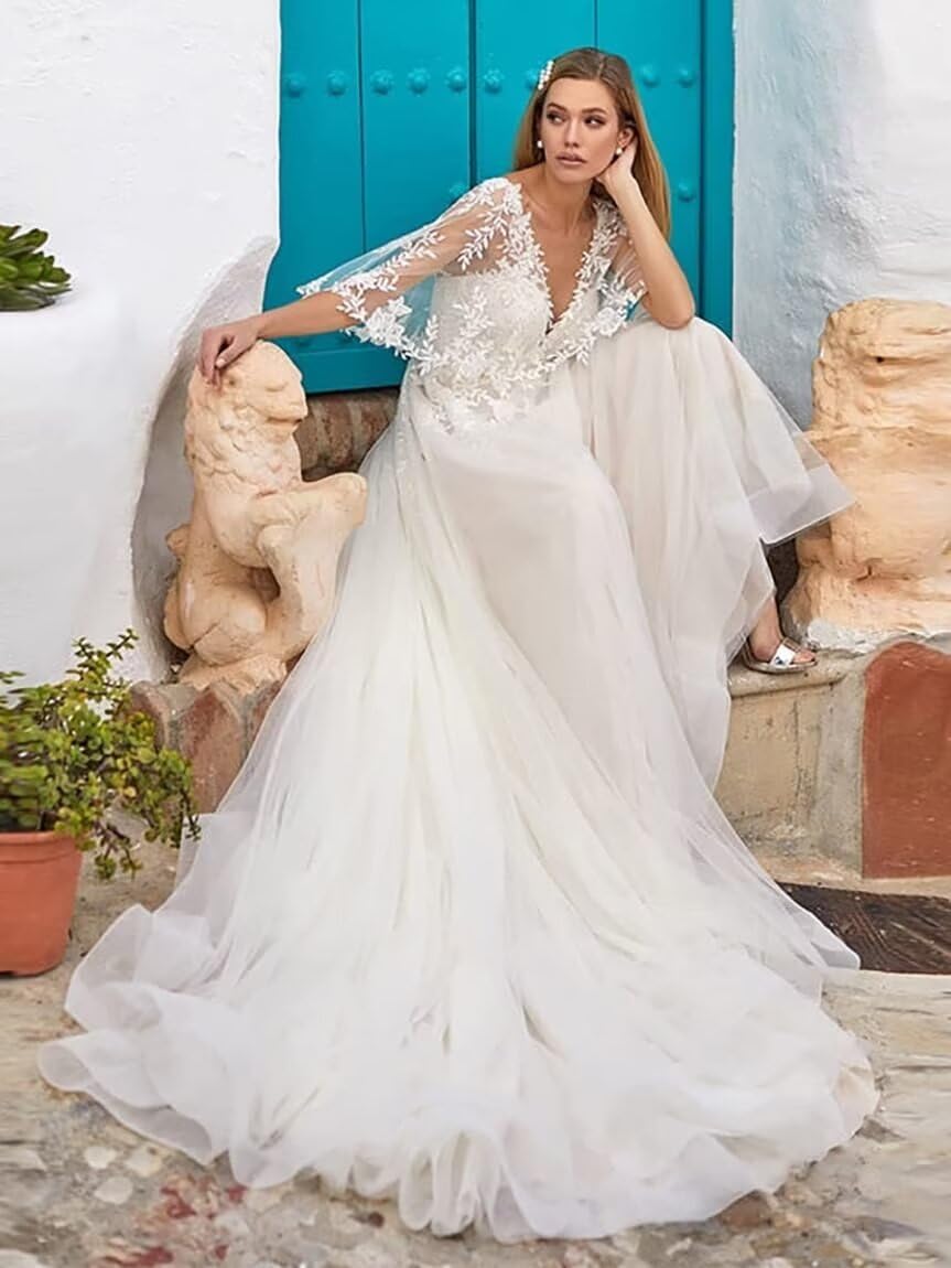 Elegant Tulle V-Neck Wedding Dress with Lace Sleeves Applique - Beach Bridal Gown for Women Bride | Perfect for Beach Weddings, Outdoor Ceremonies & Romantic Photoshoots
