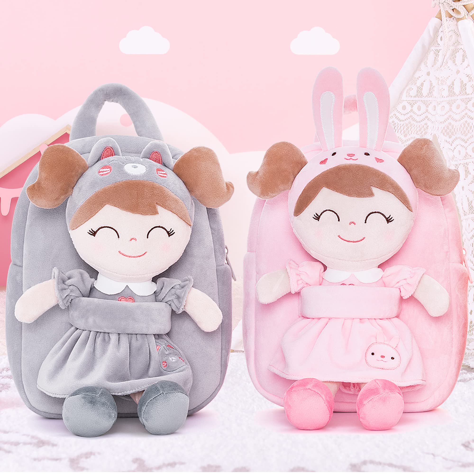 Gloveleya Soft Plush Cat Backpack for Toddlers - Gray Cute Plush Doll Carrier | Perfect for Travel, School & Outdoor Adventures