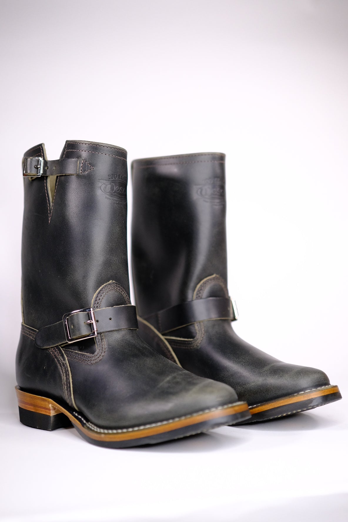 Premium Wesco Boots X The Shop Mister Lou - Petrolio Olive Waxed Black Horsehide Engineer Boots for Men | Durable Work & Motorcycle Riding Footwear
