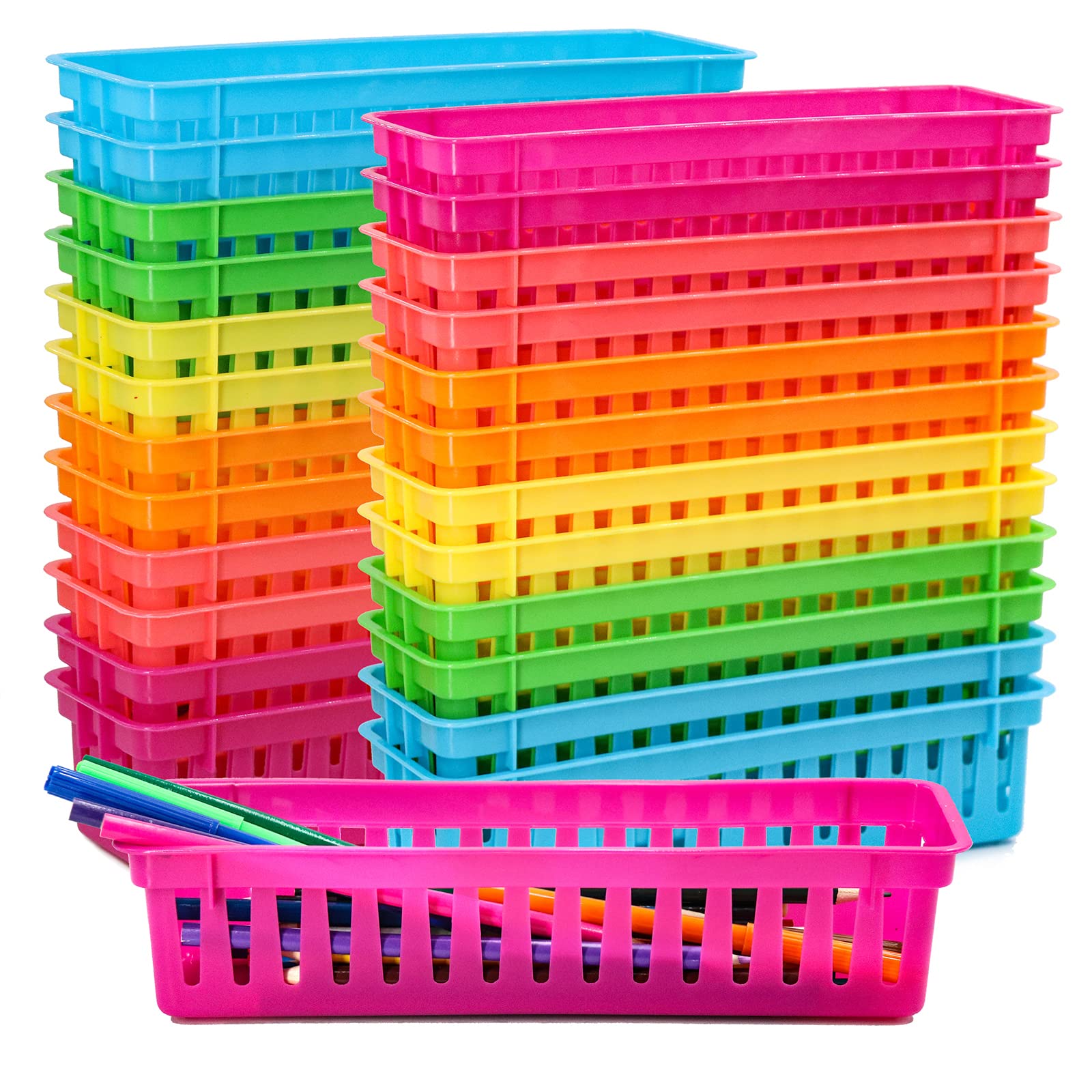 24-Pack Colorful Plastic Pencil Basket Trays for Classroom & Office - 10