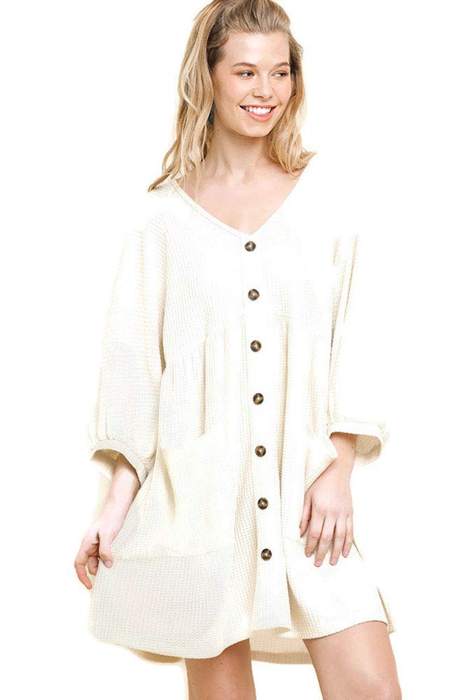 Umgee G2058 Waffle Knit V-Neck Babydoll Dress with 3/4 Puff Sleeves & Front Pockets | Casual Summer Dress for Women | Perfect for Beach, Brunch & Date Nights