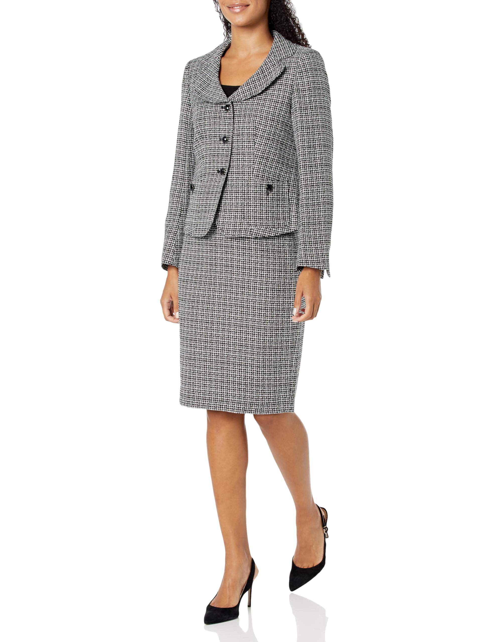 Women's Elegant Tweed 3-Button Blazer with Patch Pockets & Matching Skirt Suit Set - Perfect for Office Wear, Business Meetings & Formal Occasions