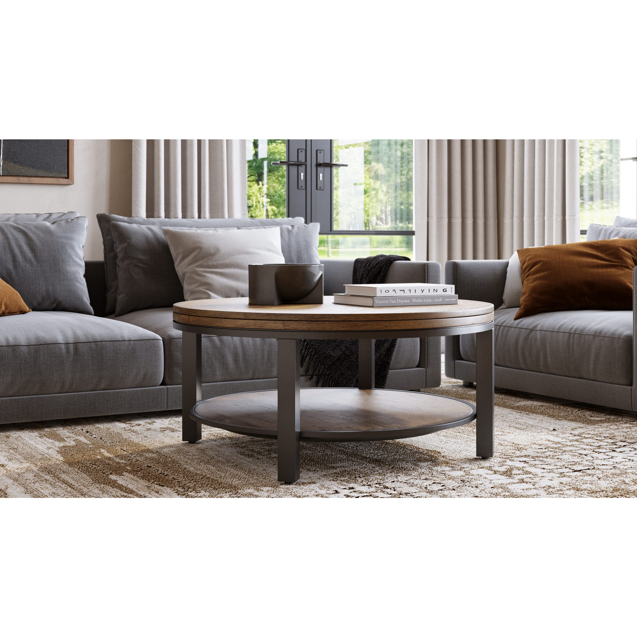 Solid Wood and Metal Round Coffee Table in Washed Grey - Modern Industrial Living Room Centerpiece for Small Spaces & Apartments