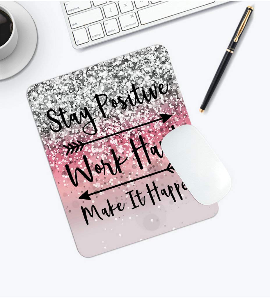 Custom Gaming Mouse Pad with Inspirational Quote - Stay Positive Work Hard and Make It Happen - Pink Glitter & Black Design - Perfect for Gamers, Office Work & Home Computer Setup