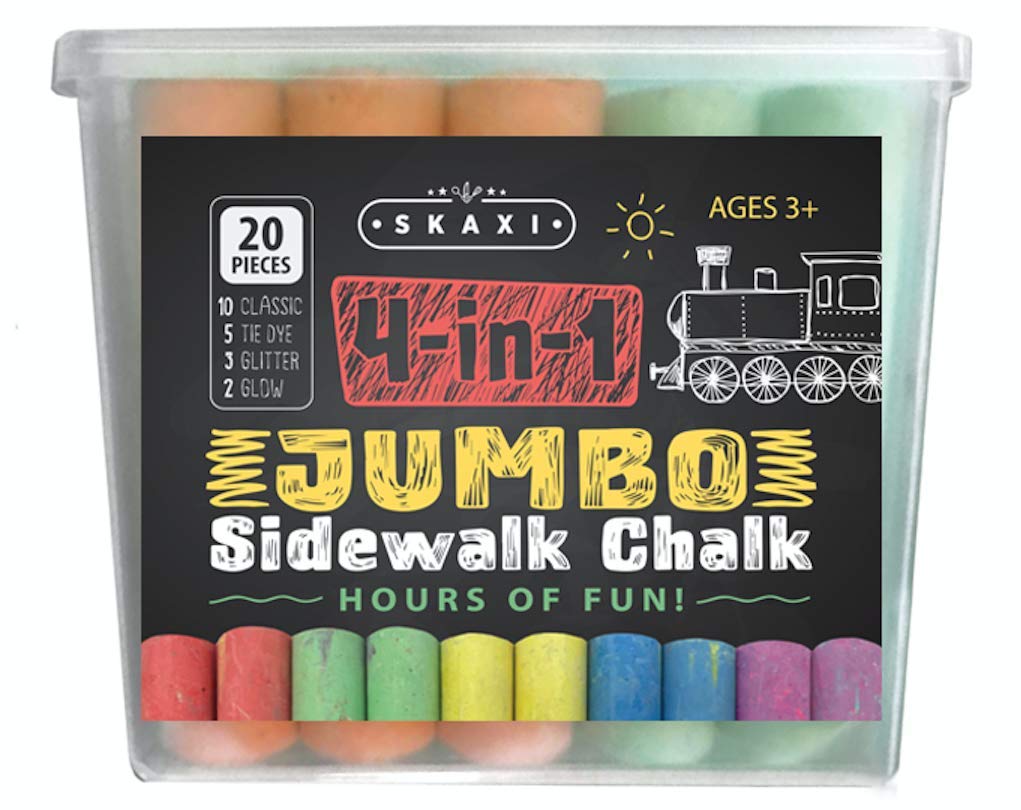 4-in-1 Jumbo Sidewalk Chalk Set - 20 Count Washable Non-Toxic Chalk (Classic, Tie Dye, Glitter & Glow) for Kids Outdoor Art & Play - Perfect for Driveway Drawing, Birthday Parties & Summer Activities