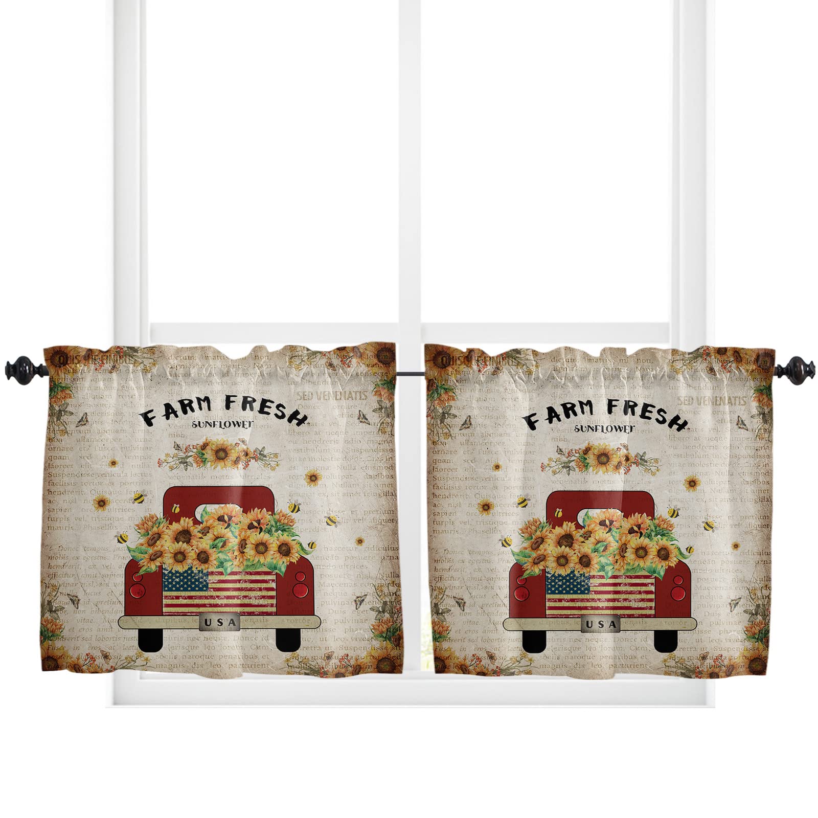 Sunflower Kitchen Curtains 36 Inch Length 2 Panels - Farmhouse Spring Floral Rod Pocket Tier Curtains & Drapes - Vintage Red Truck Window Treatment for Bedroom, Bathroom, Cafe Small Windows (55