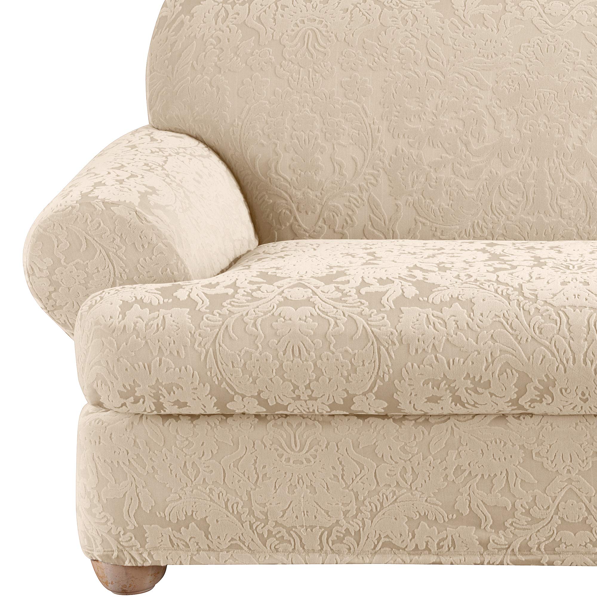 SureFit Stretch Jacquard Damask 2-Piece Sofa Slipcover - Oyster Color - Fits Most Couches & Loveseats - Easy Installation for Living Room Furniture Protection