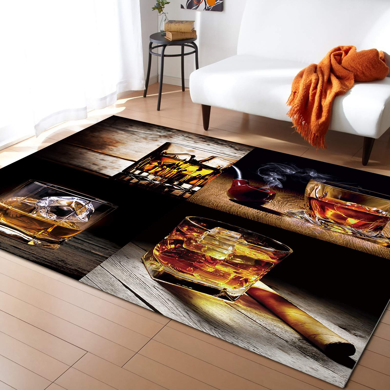 Savannan Non-Skid Area Rug - 5'x7' Rectangle Indoor Runner with Wine & Whisky Glass Design on Wood Plank Background - Perfect for Bedroom, Living Room, Playroom, Porch & Home Decor