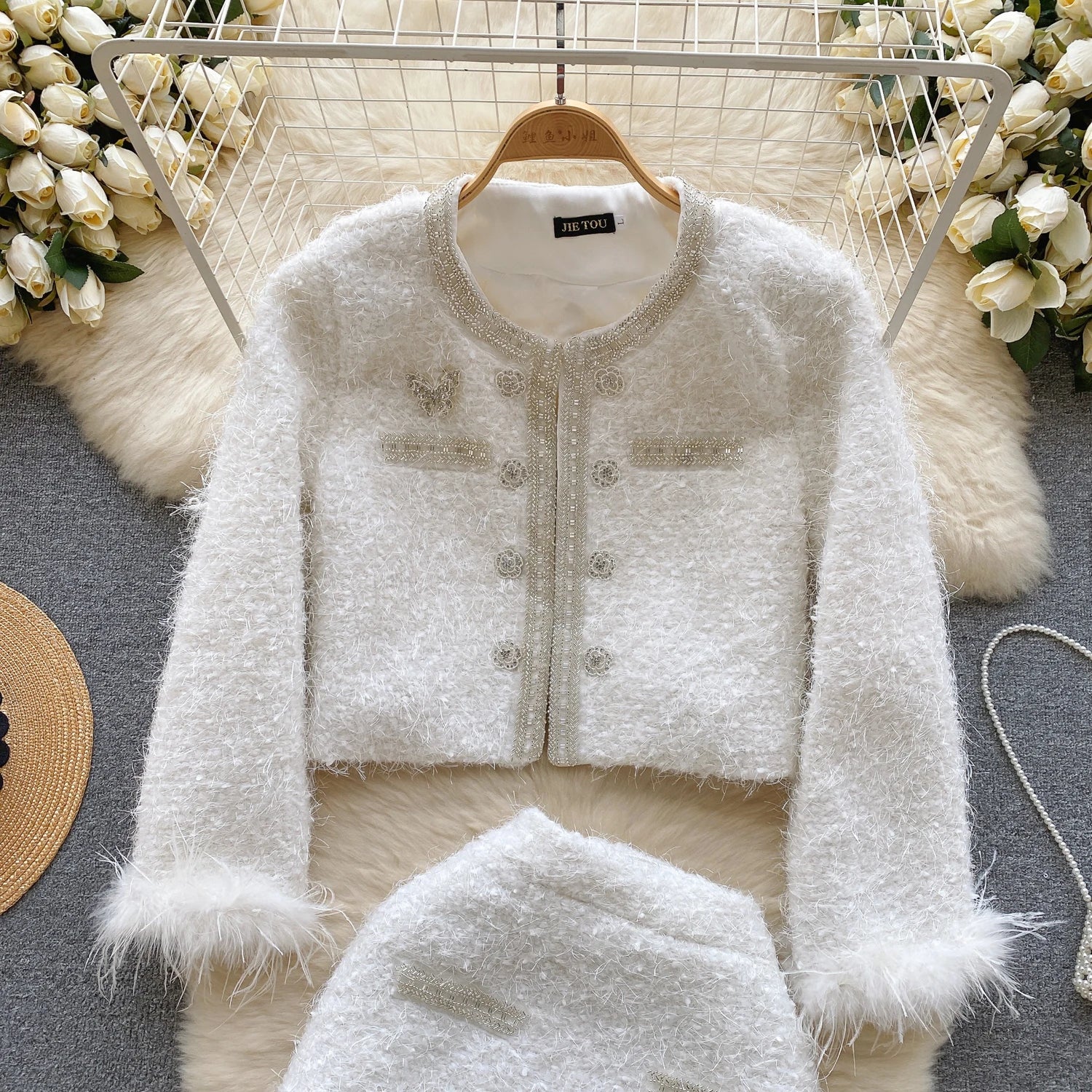 Vintage White 2-Piece Women's Outfit - Elegant Pink Round Neck Cardigan Coat & Zipper Mini Skirt Set | Fall Winter Party Fashion | Perfect for Holiday Gatherings, Date Nights & Office Wear